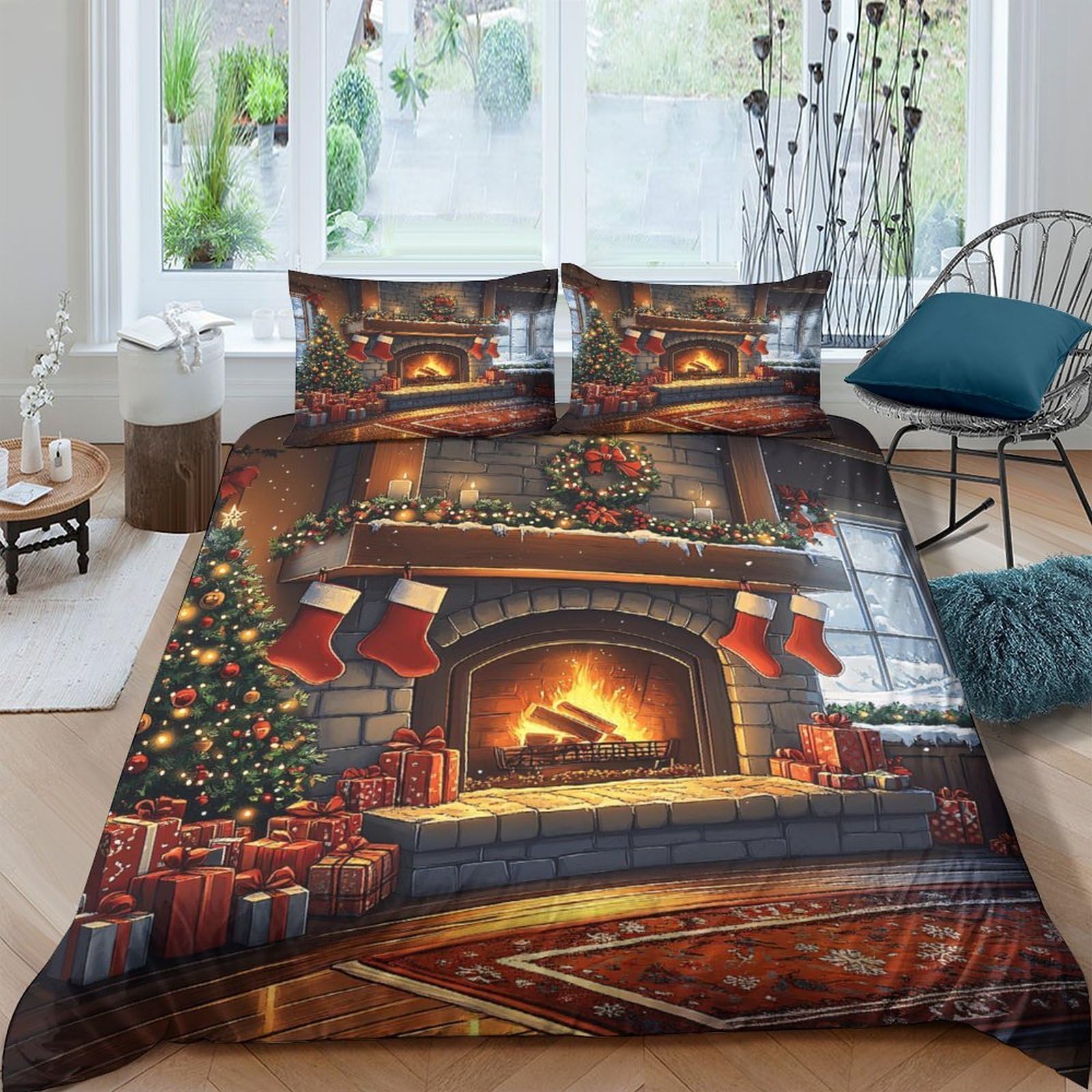 Ctjqhvkz Style-1 3D Printed Fireplace Christmas Fitted Sheet Microfiber Soft Red Holiday Bed Cover For Bedroom Guestroom Decor Single（135X200cm）