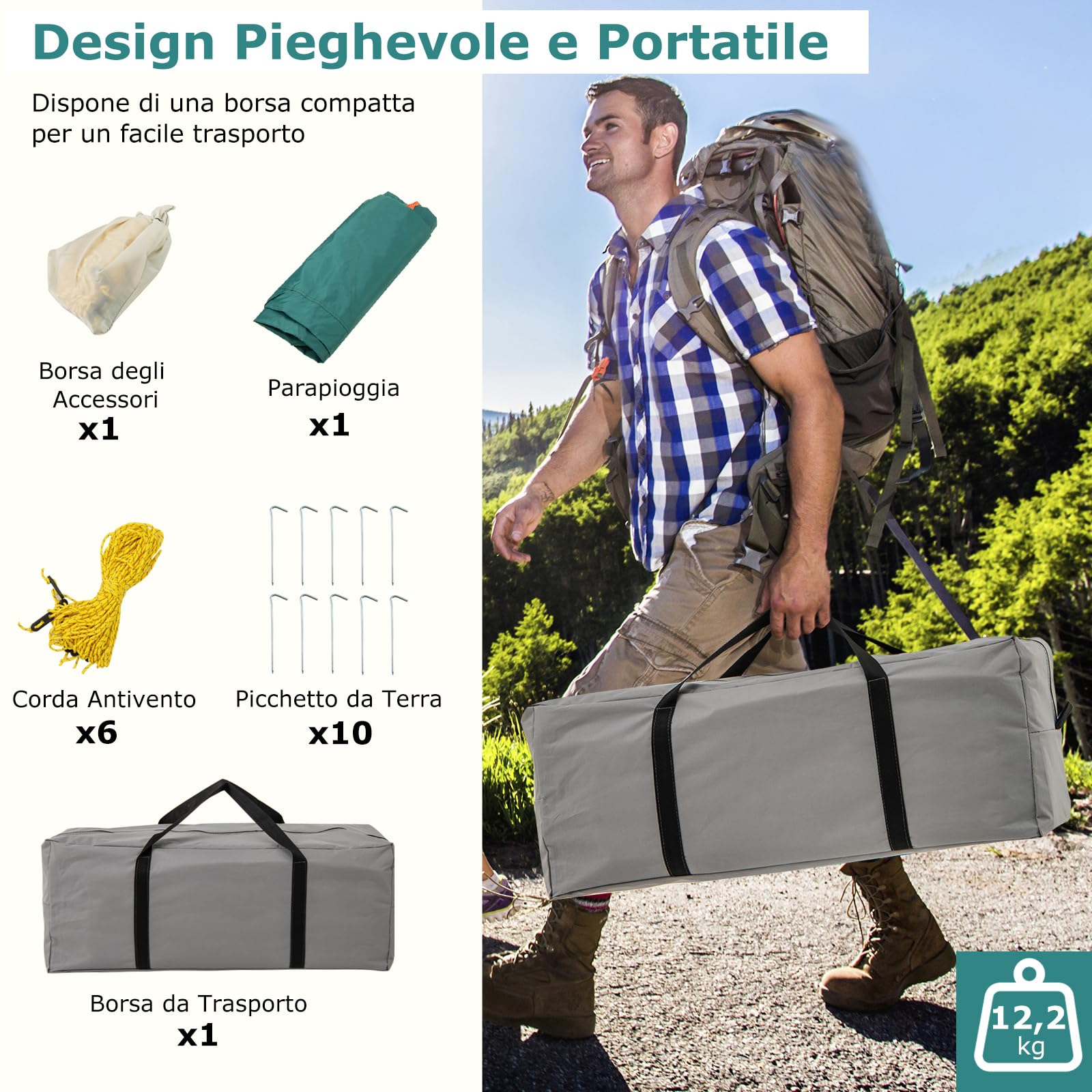 GYMAX Tenda da Campeggio per 4-10 Persone con Tettoia, Grande Tenda a Baldacchino con 2 Camere, Tetto Rimovibile, Borsa da Trasporto, per Campeggio, Festival Musicali