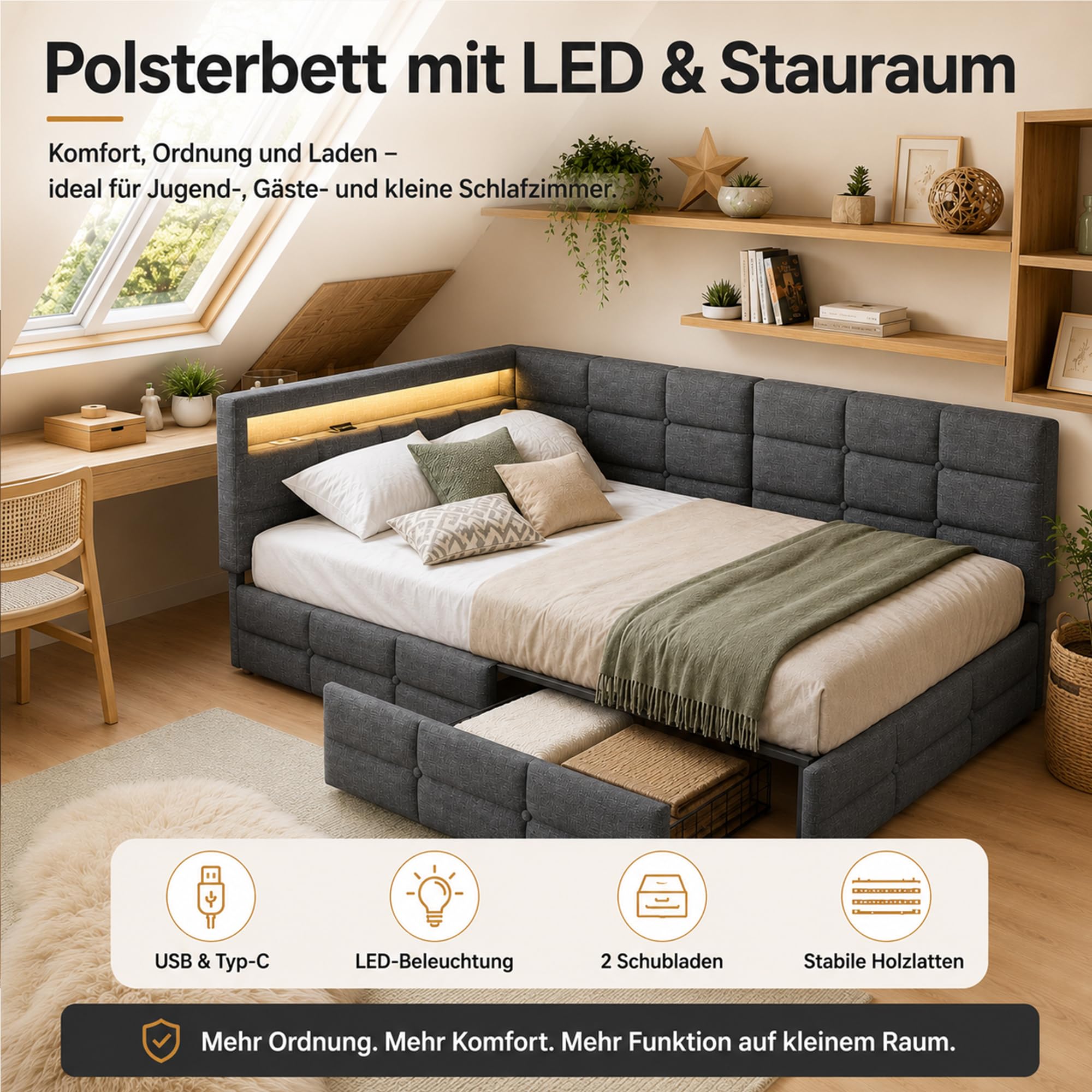 DULRLLY sofa do spania 90 x 200 cm z półką do przechowywania, tapicerowana sofa z oświetleniem LED i portami USB, nowoczesne łóżko piętrowe dla 1 osoby, wielofunkcyjne łóżko 90x200 z stelażem, pościel