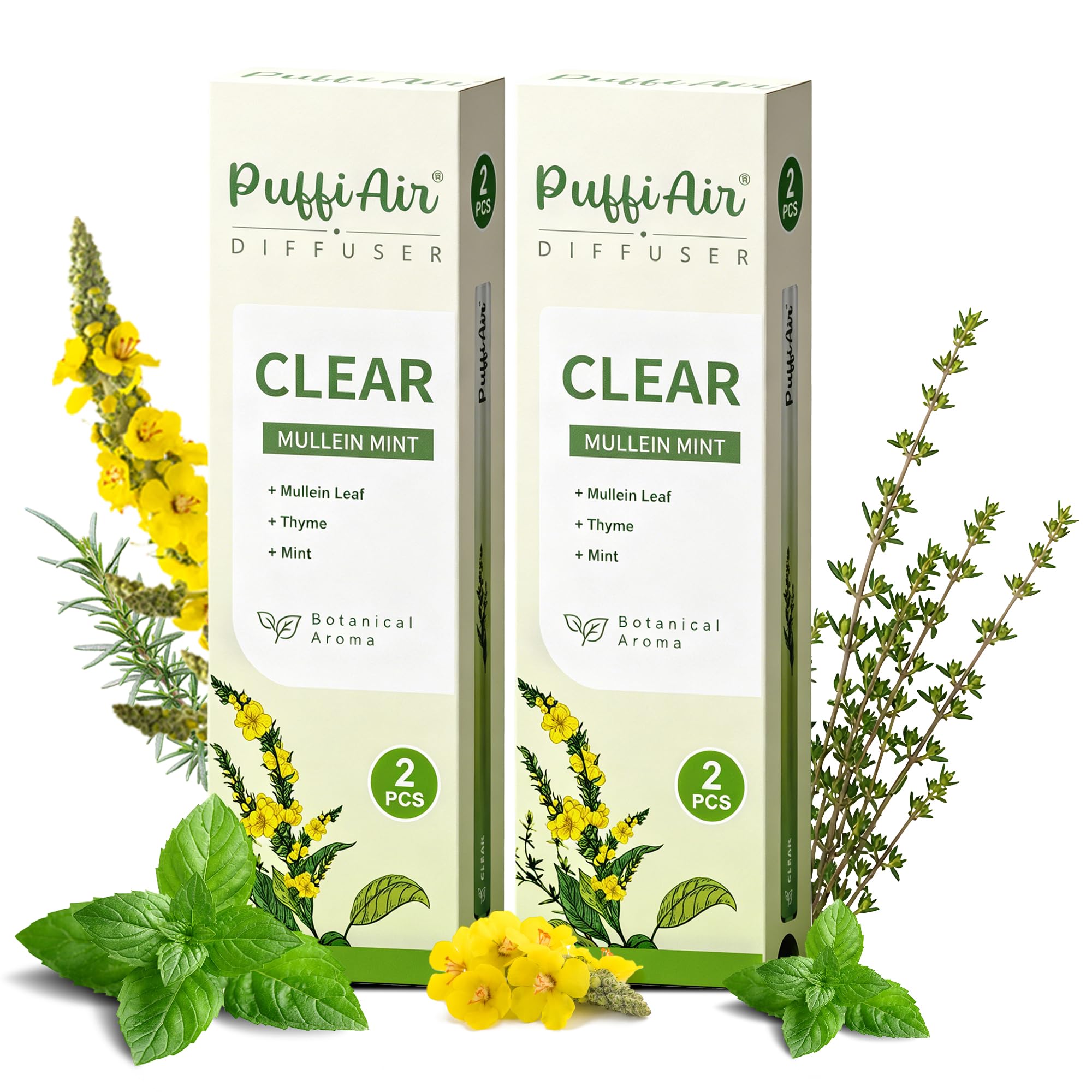 PUFFIAIR Botanical Fragrance Stick Set – Mullein, Thyme &amp; Mint Botanical Scent, Plant-Based Personal Fragrance Accessory, Portable Non-Electric Design, 4 Sticks (2 Packs)