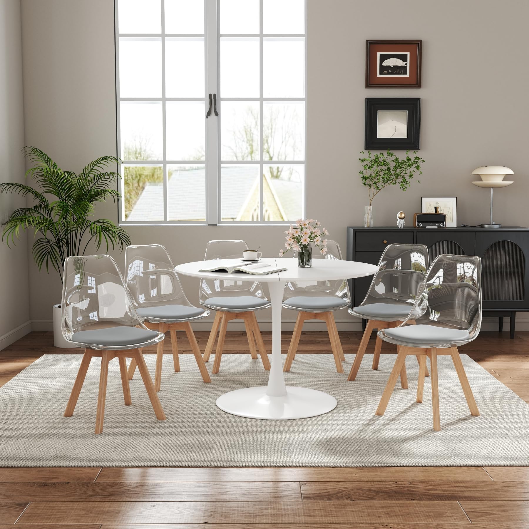 GrandCA HOME Tavolo da Pranzo con 6 Sedie, Tavolo da Pranzo Rotondo Moderno Bianco da 110 CM, 6 Sedie da Cucina Trasparenti Tulip, per Cucina, Soggiorno (Grigio)