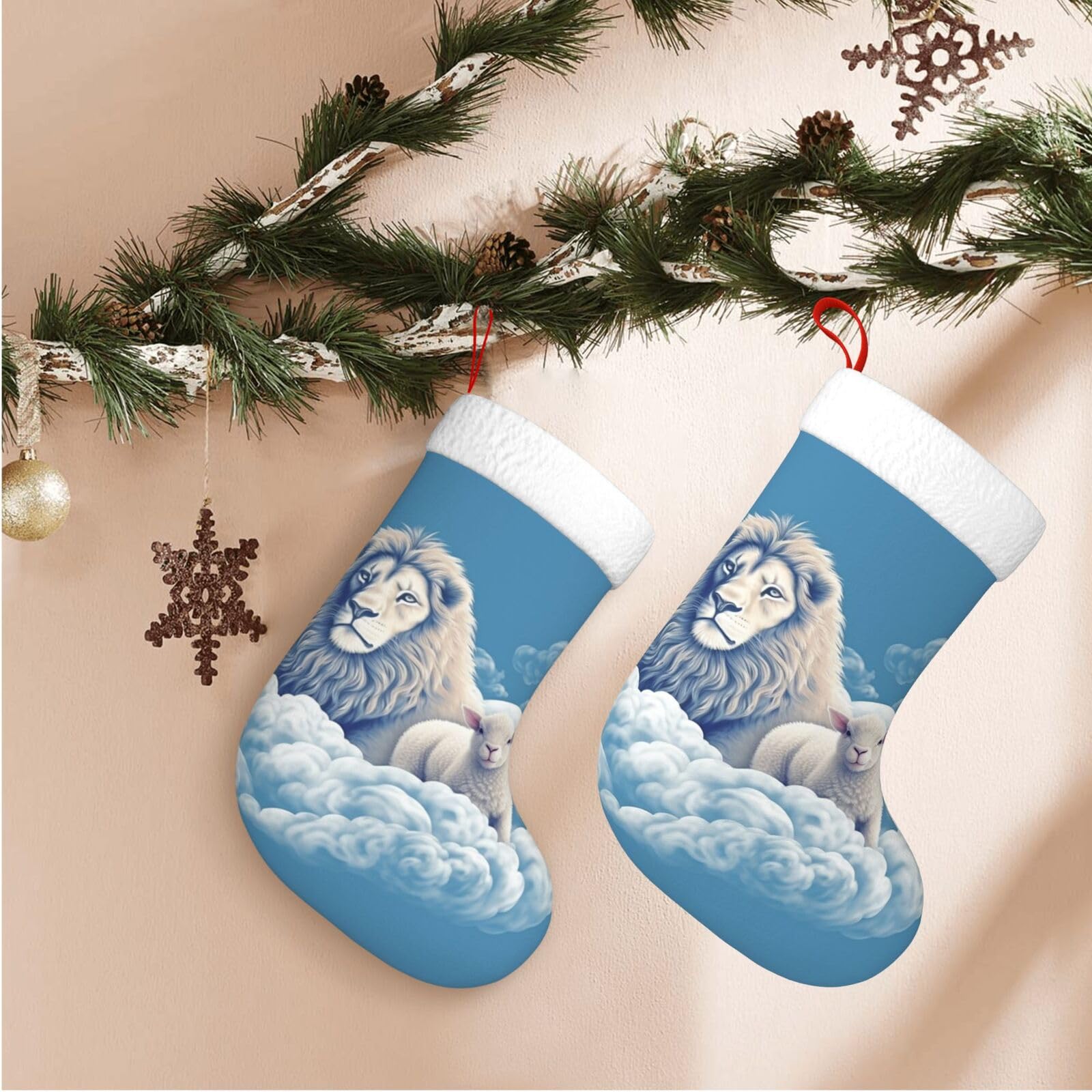 Fodpand Boys Black Lamb With A Lion On The Clouds Christmas Stockings Hanging Ornaments For Holiday Decor, 18 Inches Velvet Xmas Stocking With White Plush Cuff, Candy Gift Bags For Christmas Decorations