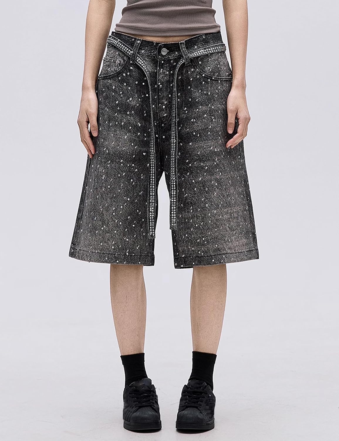 Mens Baggy Rhinestone Denim Jeans Shorts Y2k Oversized Jorts Vintage Loose Fit Shorts Casual Jorts Wide Leg Streetwear - Image 5