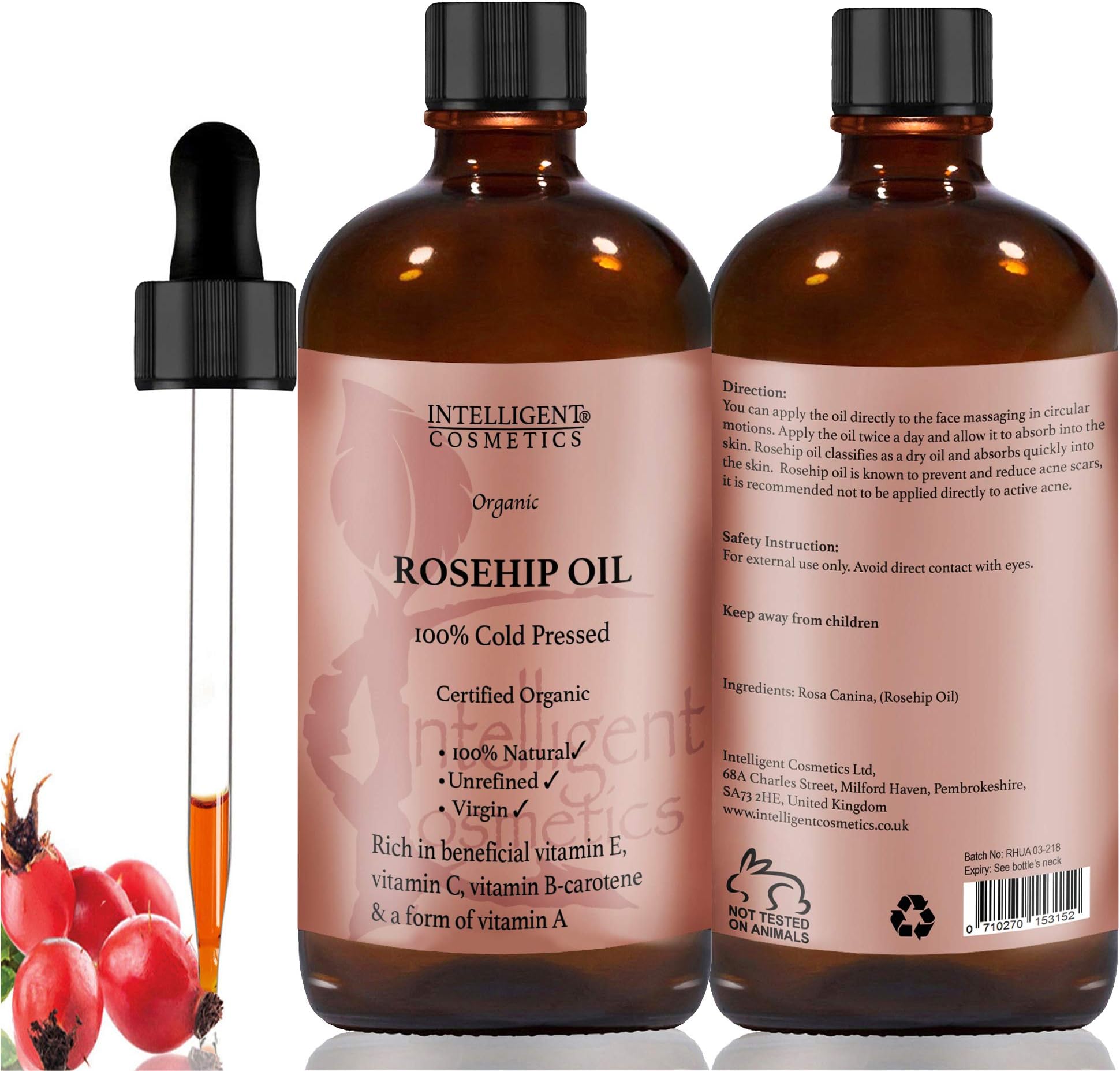 50ML Rosehip Oil 100% Cold Pressed Pure Certified Organic Oil, Best Known Facial Oil with Vitamin E, Vitamin C, B-carotene and a Form of Vitamin A
