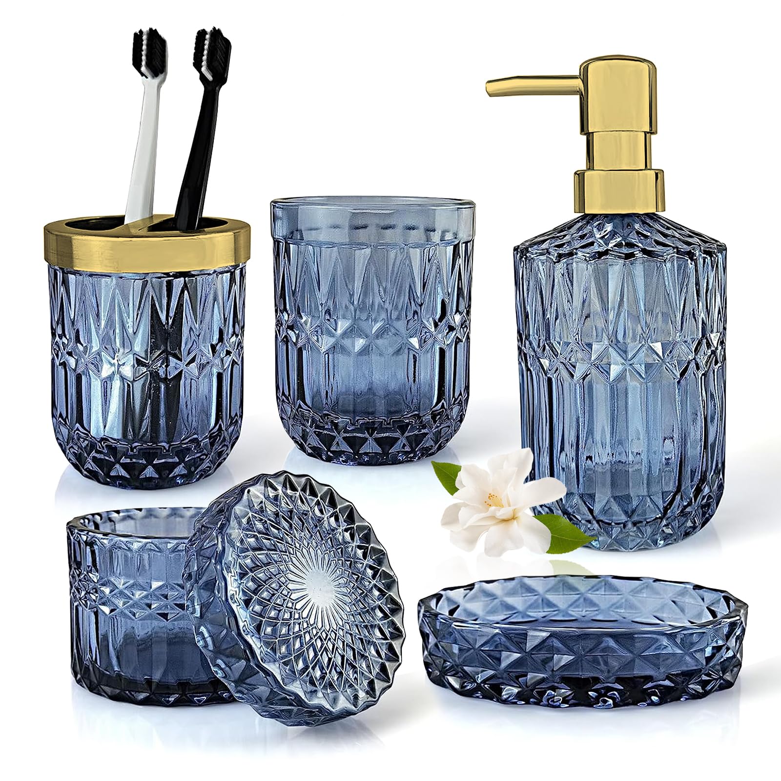 Topsky Blue Bathroom Accessory Set, Glass Bathroom Decor Countertop Organizer,5Pcs Bathroom Accessories with Lotion Dispenser(Cylindrical), Soap Dish, Toothbrush Holder, Tumbler, Cotton Swab Jars