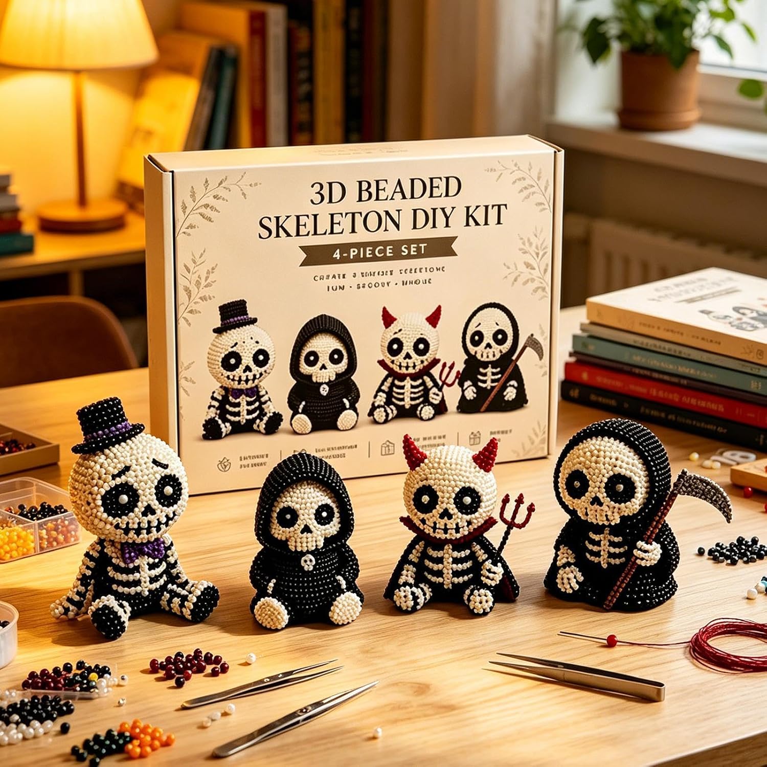 Beading Kits - with Instructions Funny Craft Supplies | 4-Piece Halloween Skull Charm Beads | for Halloween Party Favors Desk Decor Art Projects Kids Adults Teens Girls Women Beginners image 3