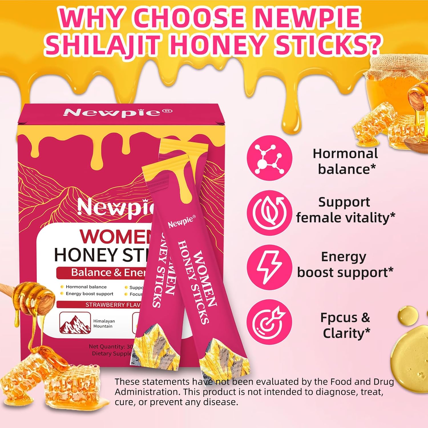 Shilajit Honey Sticks for Women,Himalayan Pure Strawberry Flavour Honey Sticks Energy Boost High Potency Herbal Blend for Energy Boost & Immune Support 30 Sticks (1) - Image 4