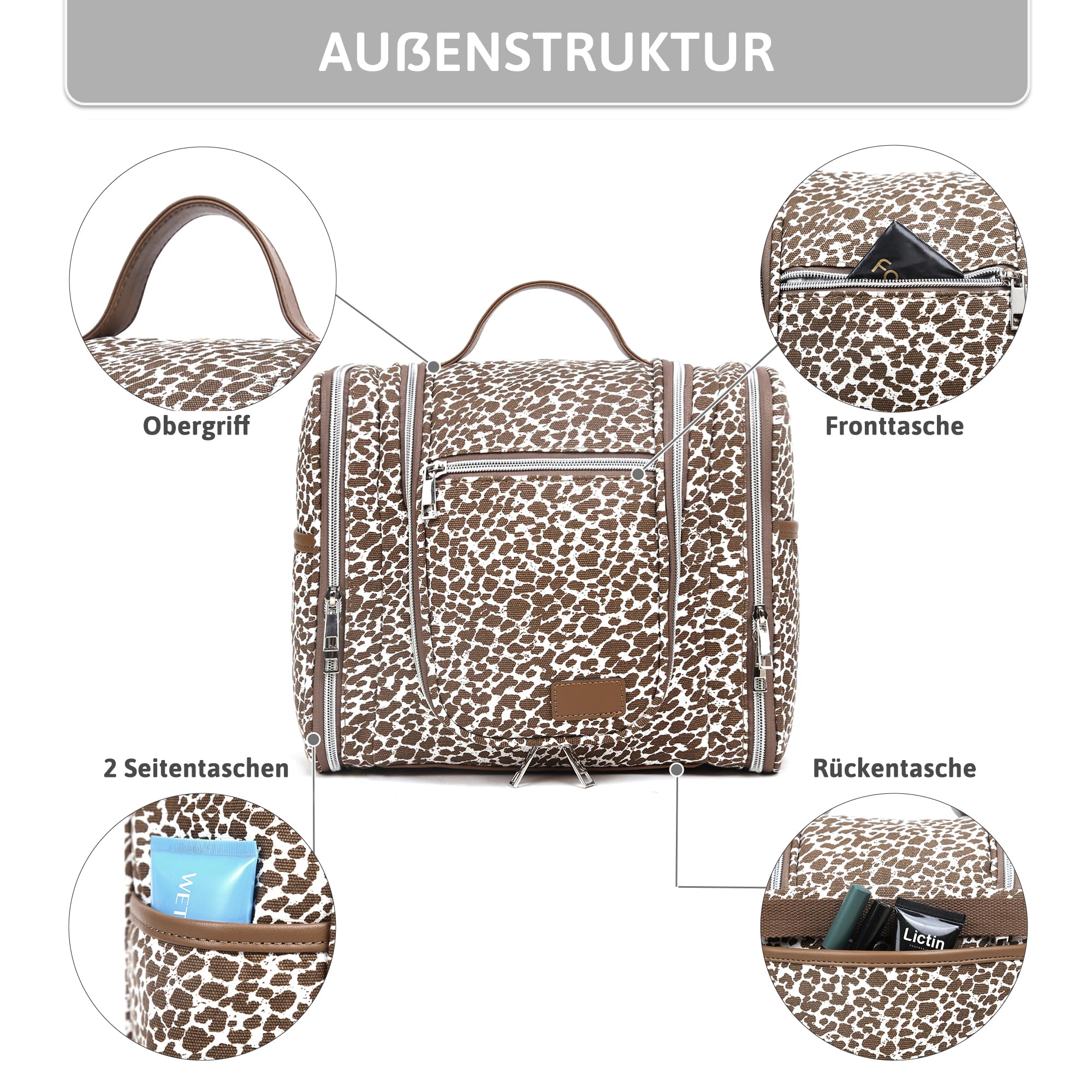 Pearl Angeli Beauty case da donna, grande, da appendere, A6-kaki leopardato, Beauty case | Beauty case da viaggio, grande, organizer per trucchi con gancio e manico, borsa impermeabile