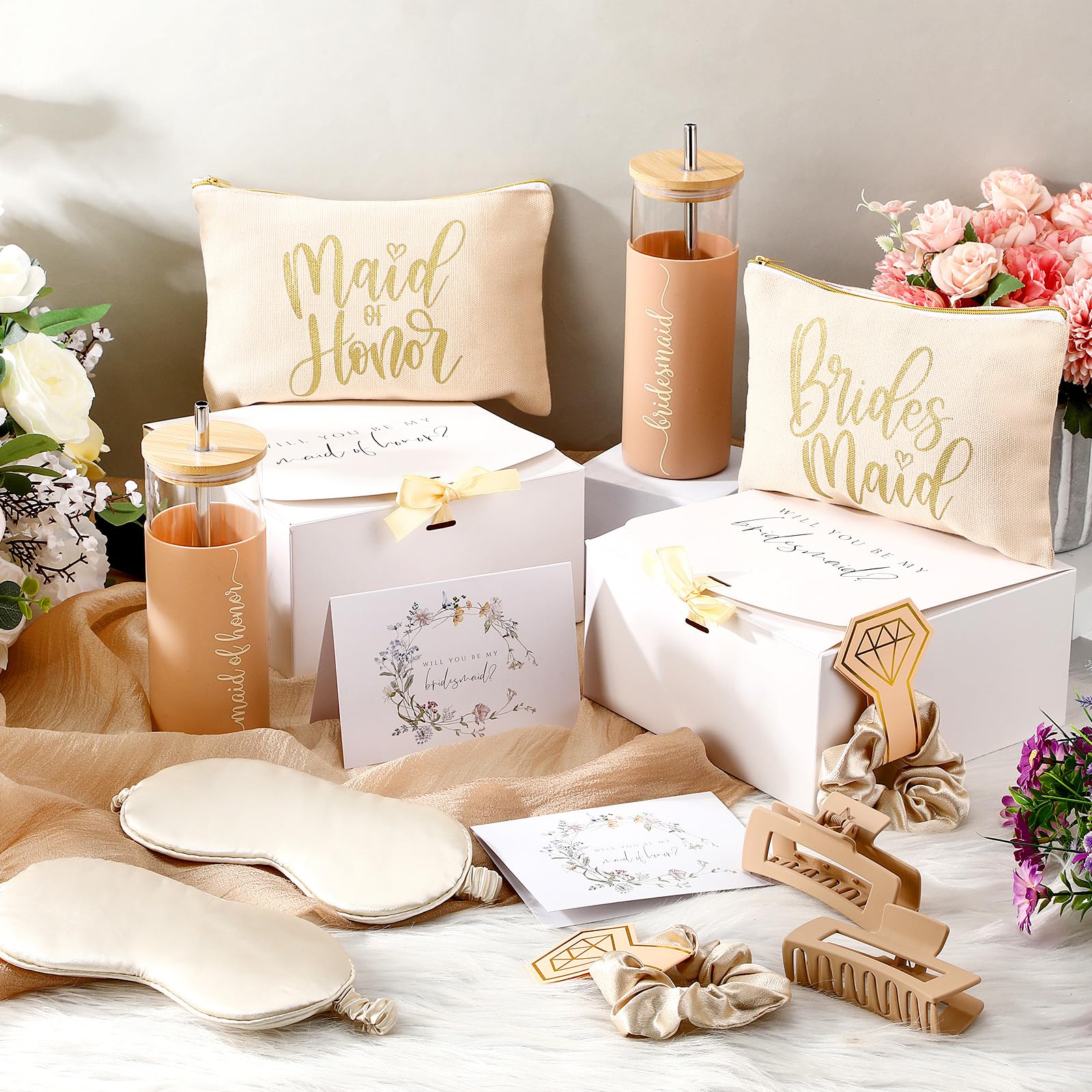 Tioncy 42 regali per proposte di damigella d'onore, include scatola regalo per addio al nubilato, matrimoni, sacchetti per il trucco, biglietti invitati, bicchieri con coperchio e paglia, elastici per