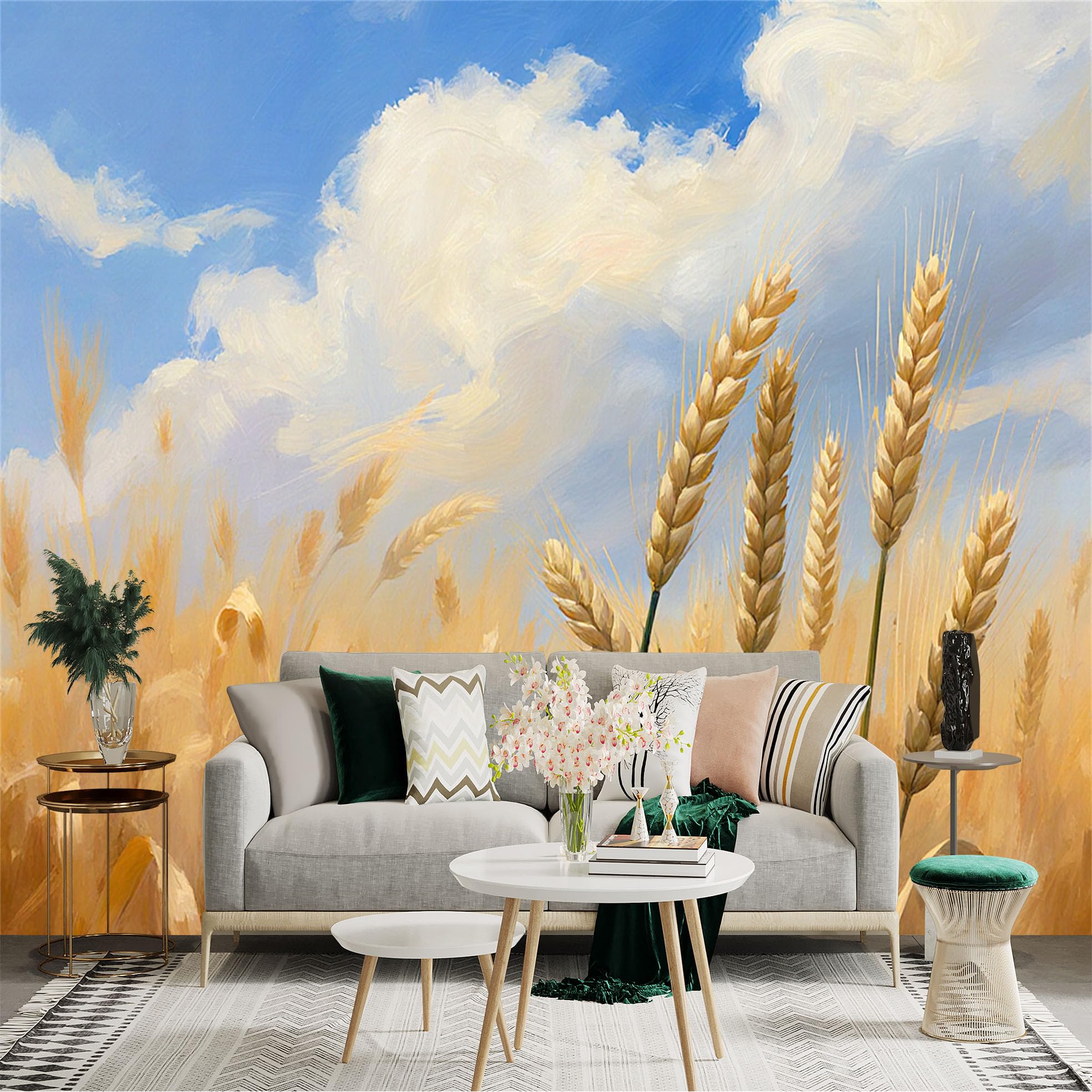 Lnzczhyre Xc260505371 Custom Size Wall Sticker Mural， Golden Wheat Field， Ripe Harvest Crops， Sunny Blue Sky With Clouds， Oil Painting Style， For Wall Decoration， Peelandstick Wall Decals.