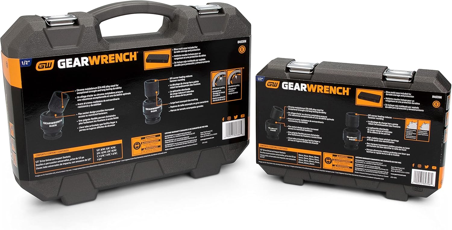 GEARWRENCH 13 Pc. SAE and 15 Pc. Metric 1/2" Drive 6 Pt. Standard Universal Impact Socket Sets - 84938N and 84939N