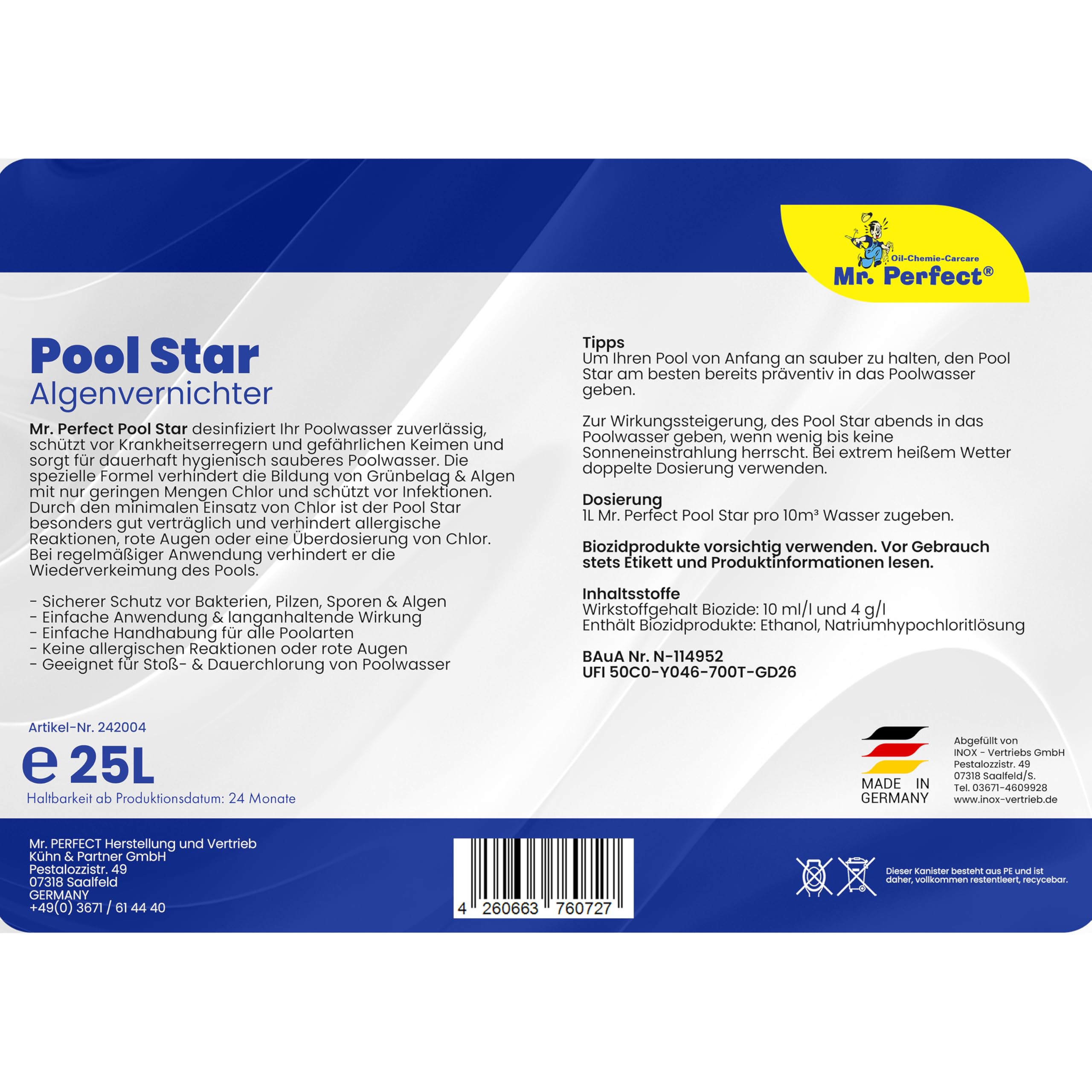 Mr. Perfect® Pool Star Nettoyant Piscine, 25L - Désinfection de Piscine Anti-Algues | Anti-Algues Piscine | Algicide Liquide pour Piscine | Nettoyant Désinfectant Contre Les Algues…