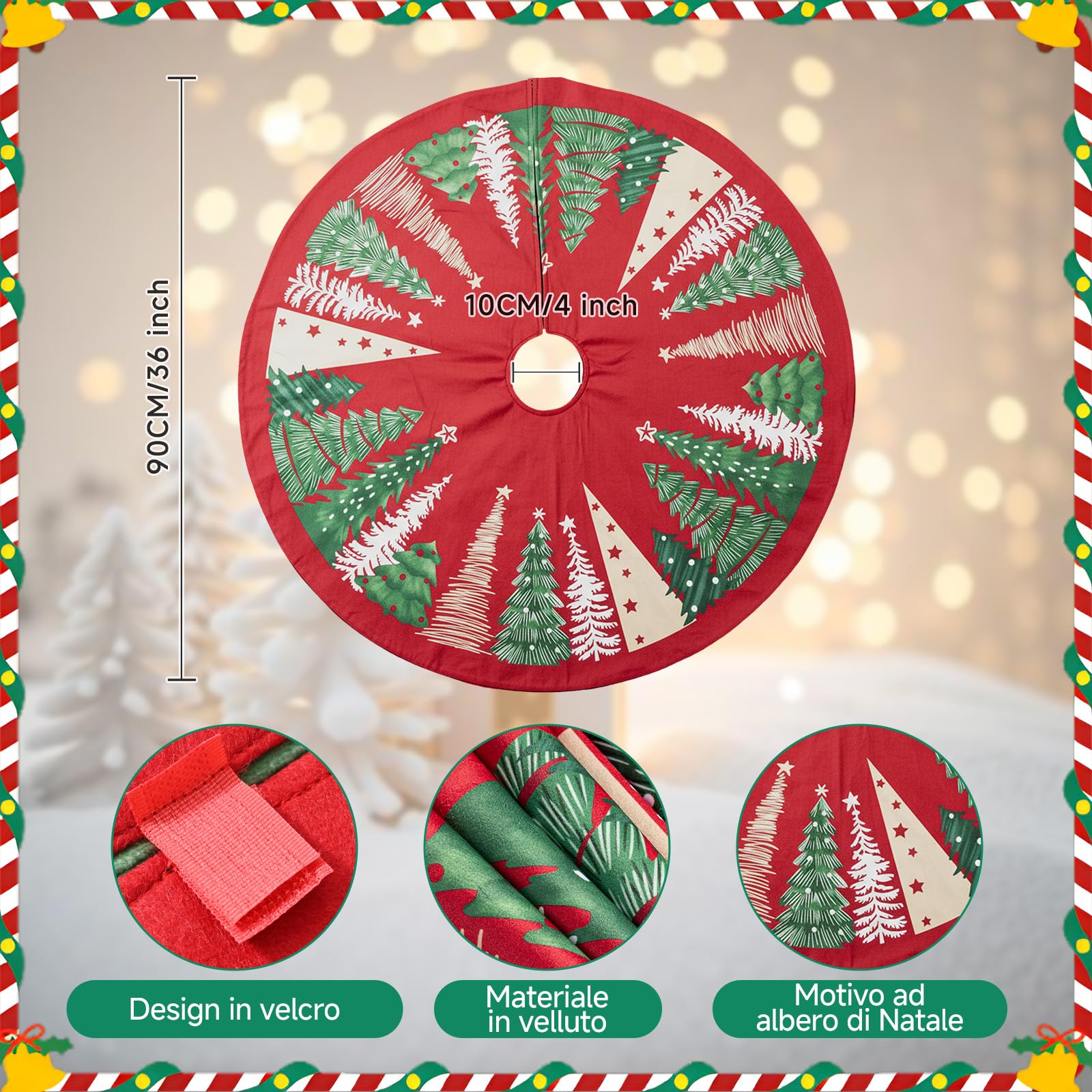 Lanpn Tappeto Sotto Albero di Natale Copribase Albero 90cm, Grande Velluto Copertura Base Tappetino Copri Base Piede Gonna per la Decorazioni per interni per feste invernali in casa (Rosso)