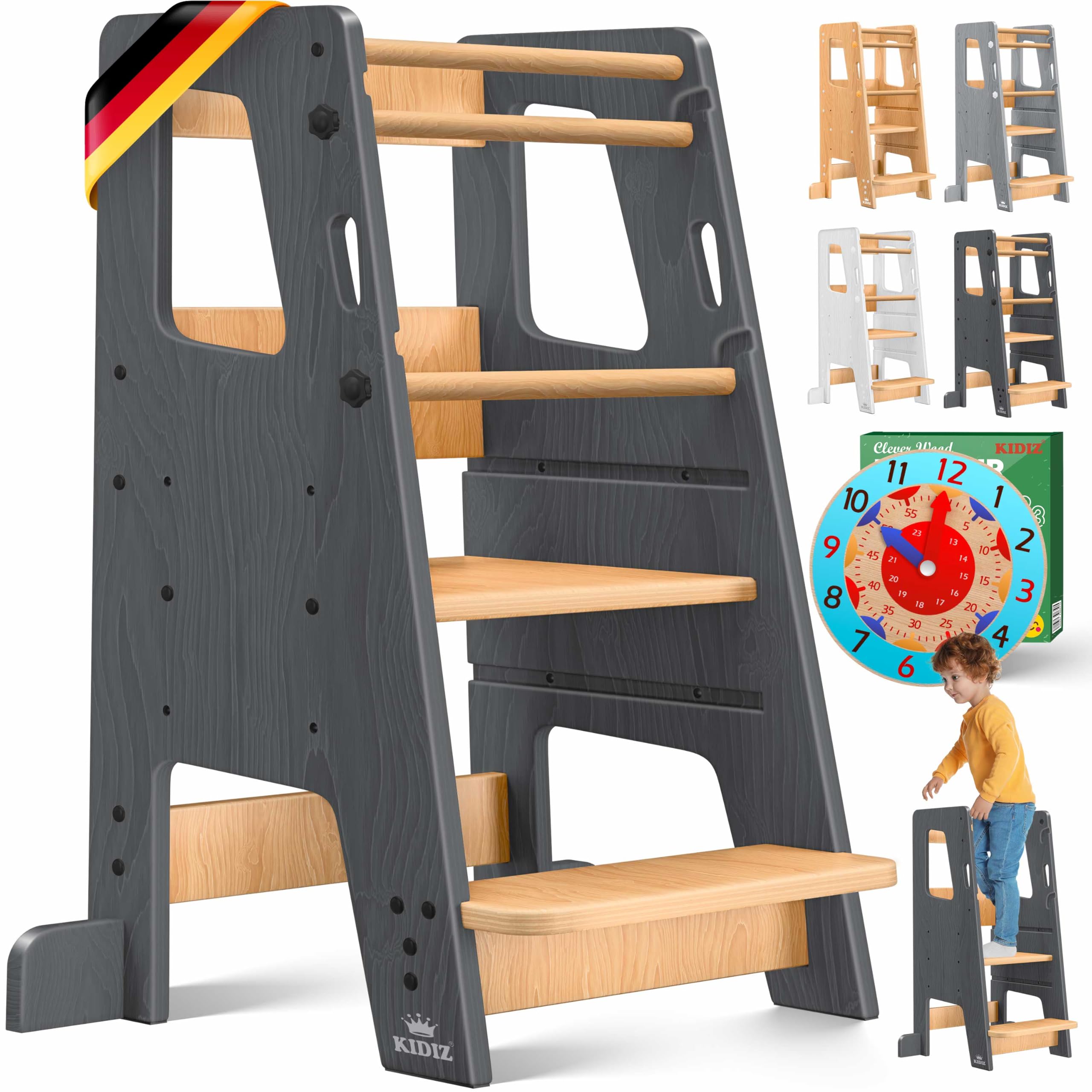 KIDIZ® Lernturm für Kinder ab 1 Jahr inkl. Lernuhr | 3-stufig Höhenverstellbarer Tritthocker aus Kiefernholz | spielerisch motorische Fähigkeiten fördern Montessori Learning Tower bis 50 kg belastbar