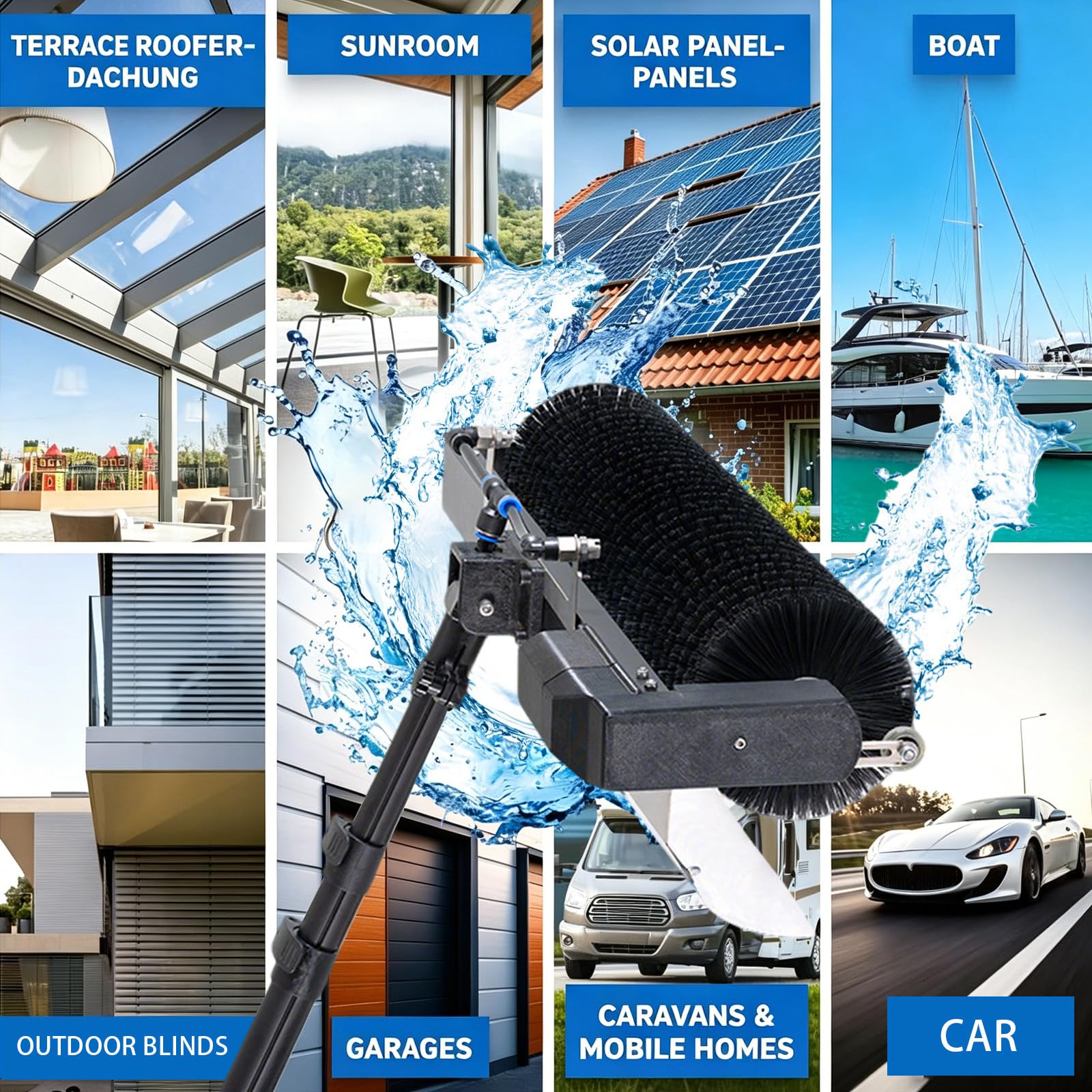 Palo Limpiacristales con Agua y Electricidad – Cepillo 60cm Giratorio 350rpm, 10m, asta telescópica Aluminio, Protector Agua – Limpia Placas solares, Autocaravana, tejado 3.5m-Oneset