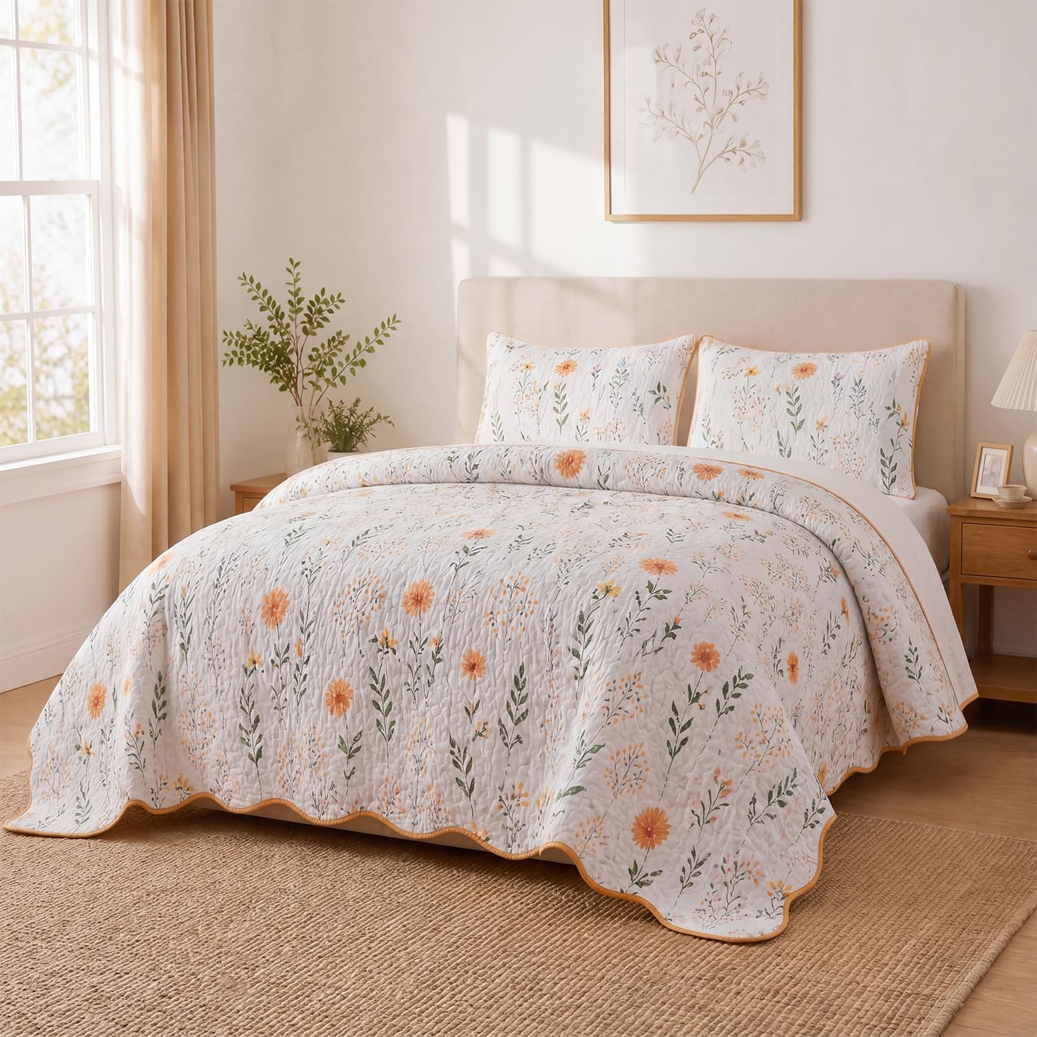 BOV Floral Quilt Set Queen Size 92x96 Inch, Lightweight Botanical Bedspread with 2 Pillow Shams, Soft Breathable Summer Bedding, Reversible Flower Coverlet for Bedroom Guest Room Decor