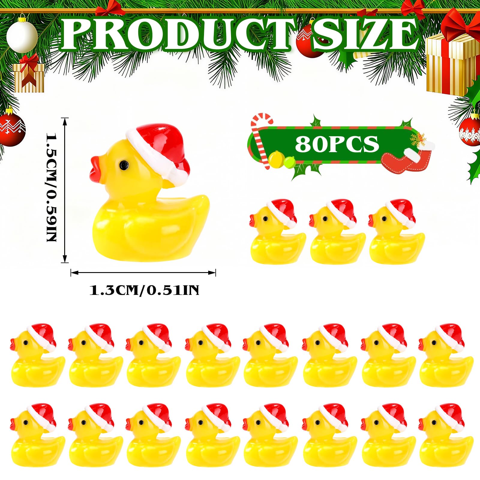 WIURGOHA Christmas Mini Ducks,80pcs Tiny Resin Small Little Yellow Ducks Miniature with Christmas Hat Figures for Christmas Party Bag Fillers Dollhouse Accessories Home Decoration - Image 2