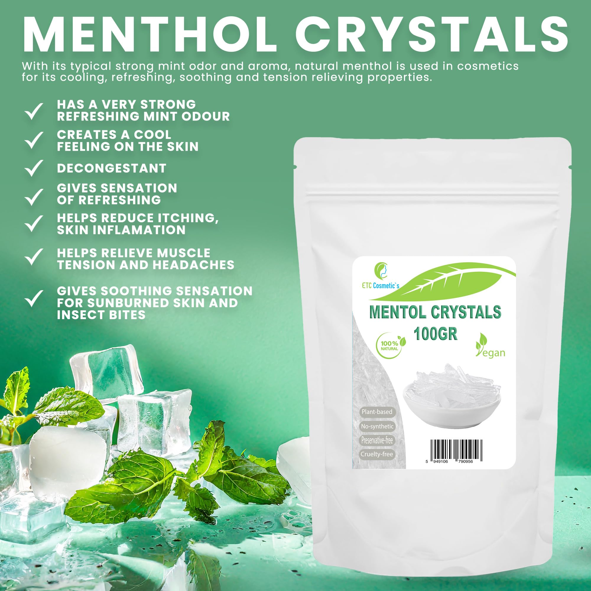 Cristales de Mentol - 100 gr - Efecto refrescante y refrescante, Utilizado como ingrediente en formulación cosmética, accesorios de sauna, infusión de sauna, aceite de menta 100% natural