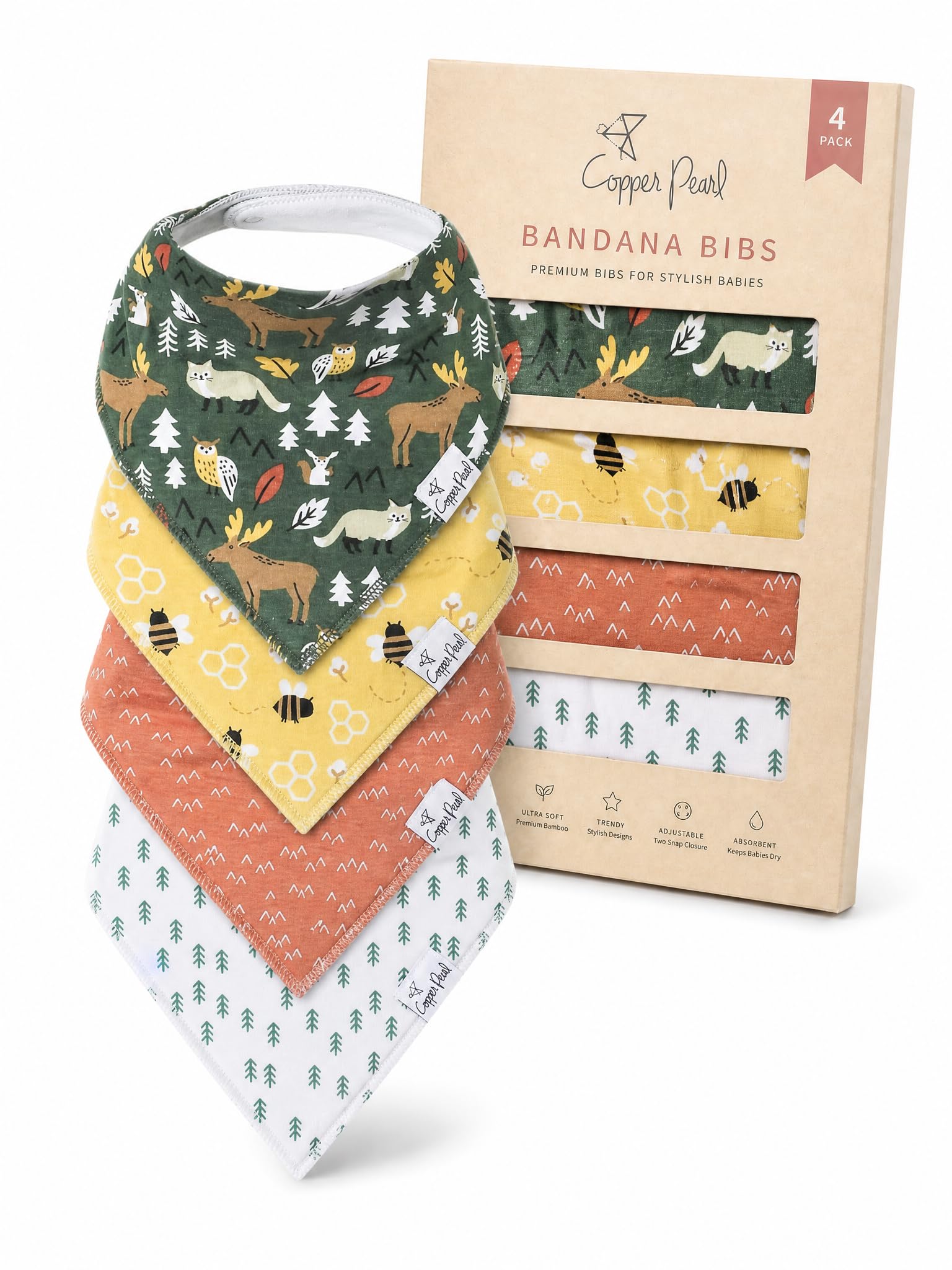 Copper Pearl Baby Bibs for Baby Boy or Girl – Bandana Drool Bibs for Teething, Absorbent Bibs for Eating, Newborn to Toddler, 4 Pack, Atwood
