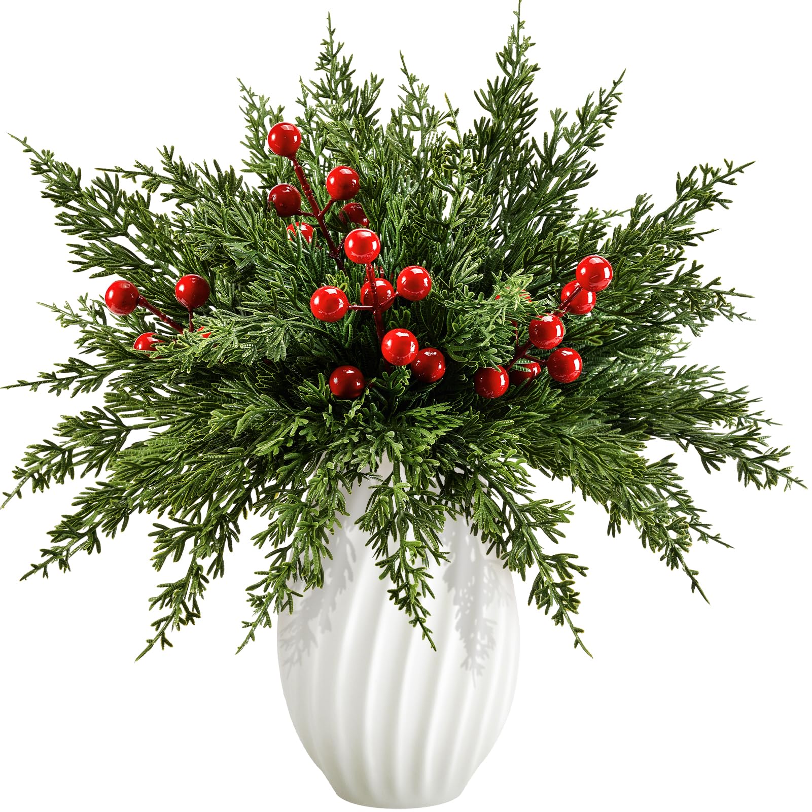 60PCS Artificial Christmas Pine Branches with Red Berry Stems | Flexible Faux Cedar Sprigs for Wreaths, Garlands, Vases, Centerpieces, and Seasonal DIY Arrangements