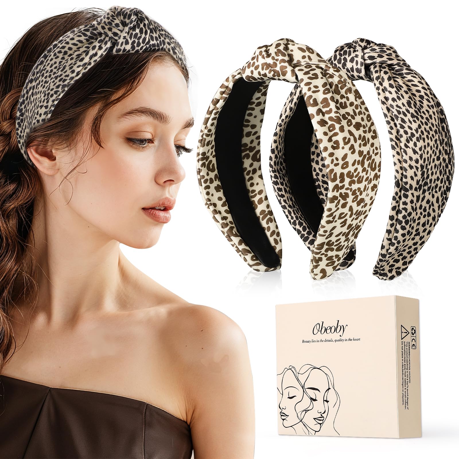 obeoby Leopard Print Knotted Headband for All Hair Types, 2Pack Wide Headbands Non Slip Hair Band for Women Girls