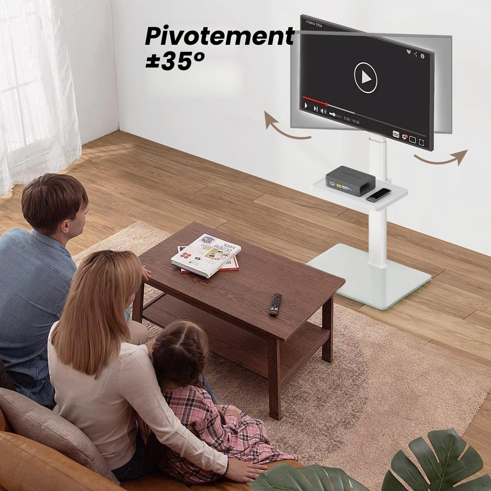 Support TV Universel au Sol avec Support pivotant à 70 degrés, Hauteur réglable à 9 Niveaux et Design Peu encombrant pour la Plupart des téléviseurs LCD LED OLED de 27 à 65 Pouces, Blanc