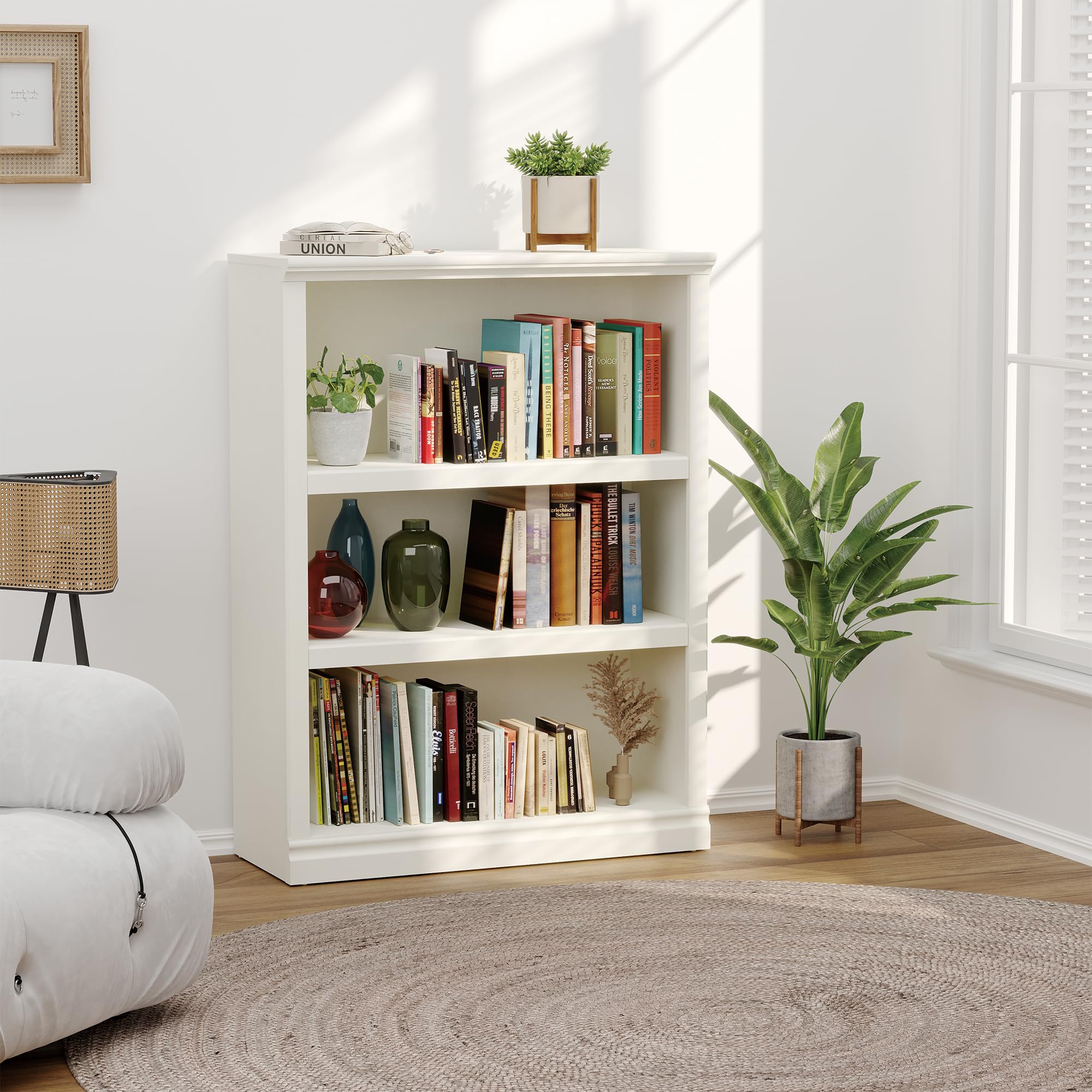 Bookcase, Open Storage Book Cases/Shelves, Floor Standing Indoor Furniture 3 Shelf Book case for Farmhouse Library Office Bedroom Kids, White - 3 Tier