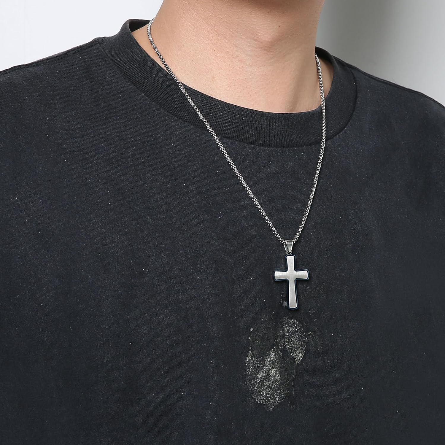 HZMAN Cross Necklace for Men Silver Black Gold Stainless Steel Simple Cross Pendant 22+2In Box Chain - Image 2