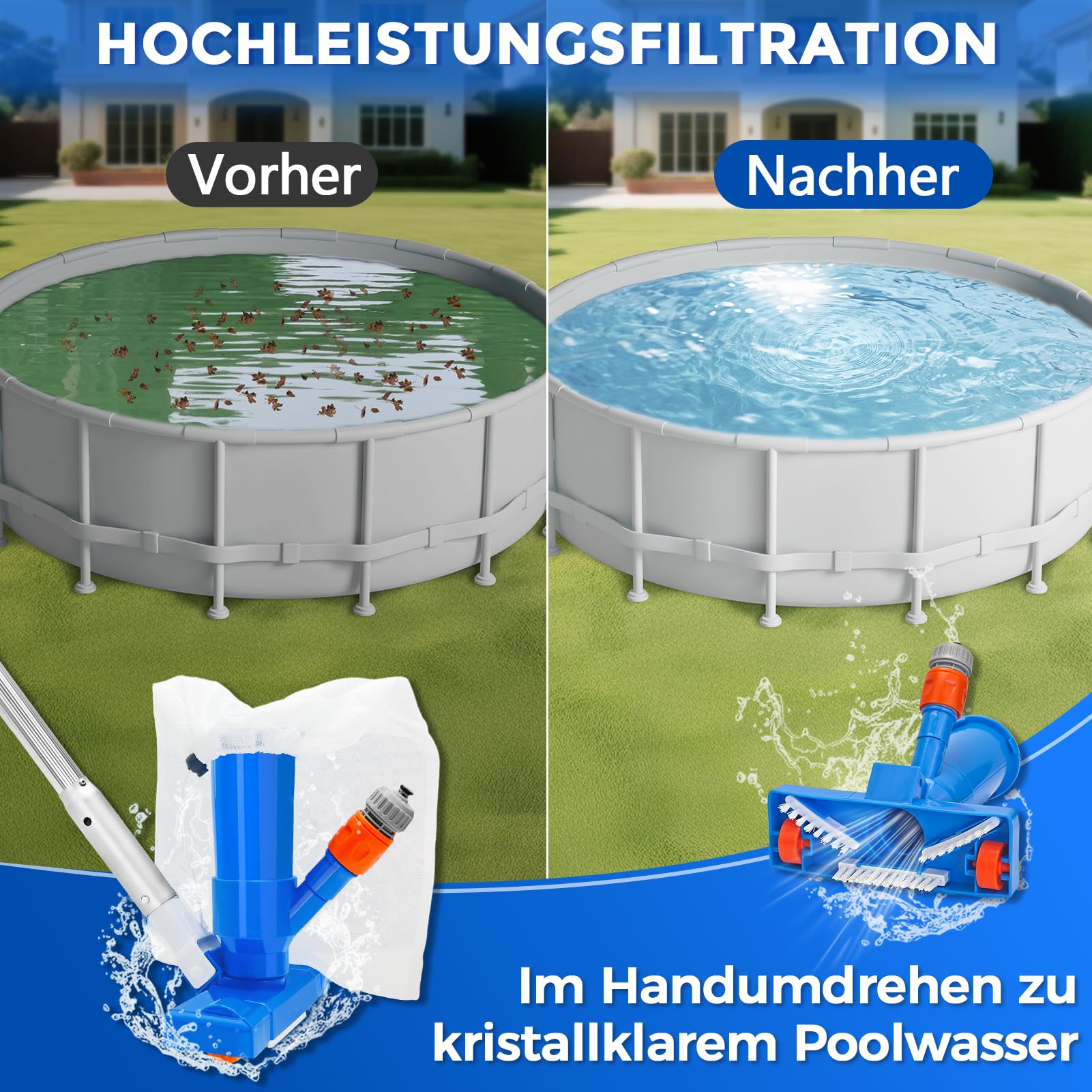 140cm Pool-Reinigungsset, Schwimmbecken-Saugreiniger mit 5-teiligem Teleskopstab, Pool-Pflegeset inklusive Reinigungsnetz, Teichsauger mit großvolumigem Skimmernetz Schmutzbeseitigung