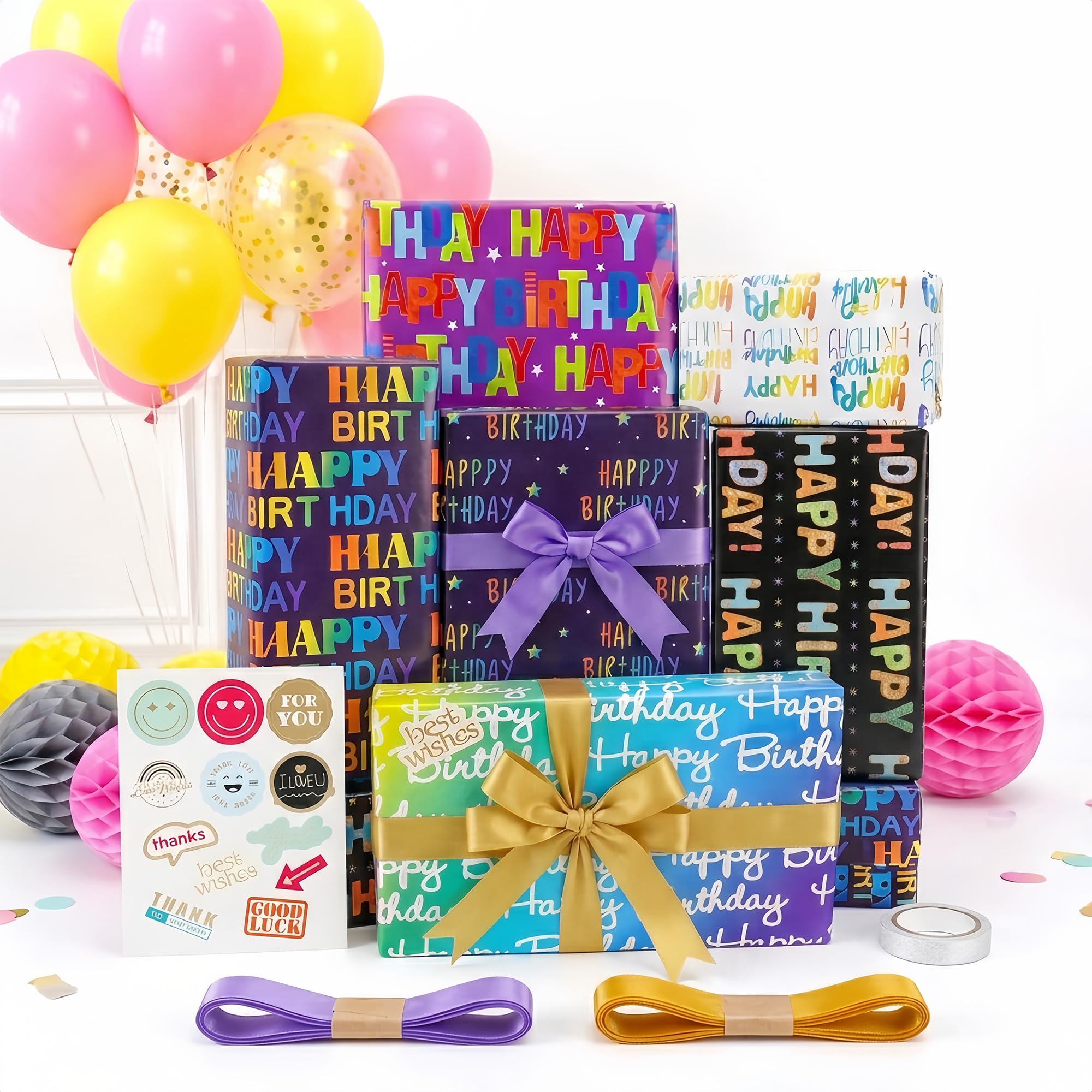 6 Sheets Birthday Wrapping Paper Set – 70×50cm Gradient Gift Wrap with Satin Ribbon, Tape & Stickers, Recyclable Gift Wrapping for Men, Women, Boys & Girls