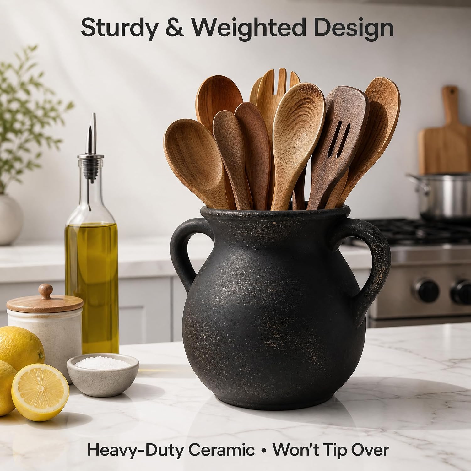 Rustic Farmhouse Utensil Holder for Countertop, Ceramic Crock for Kitchen Utensils, Vintage Vase for Flowers, Sturdy Pitcher with Side Handles, Kitchen Organization and Decor, Black