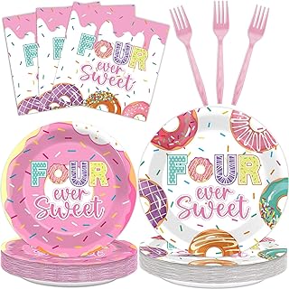 ZOIIWA 200 PCS 4th Birthday Donut Tableware Disposable Four Sweet Plates Napkins Party Supplies Donut Themed Dinnerware Set 4th Birthday Pink Party Baby Shower Decoration Serve 50 guest