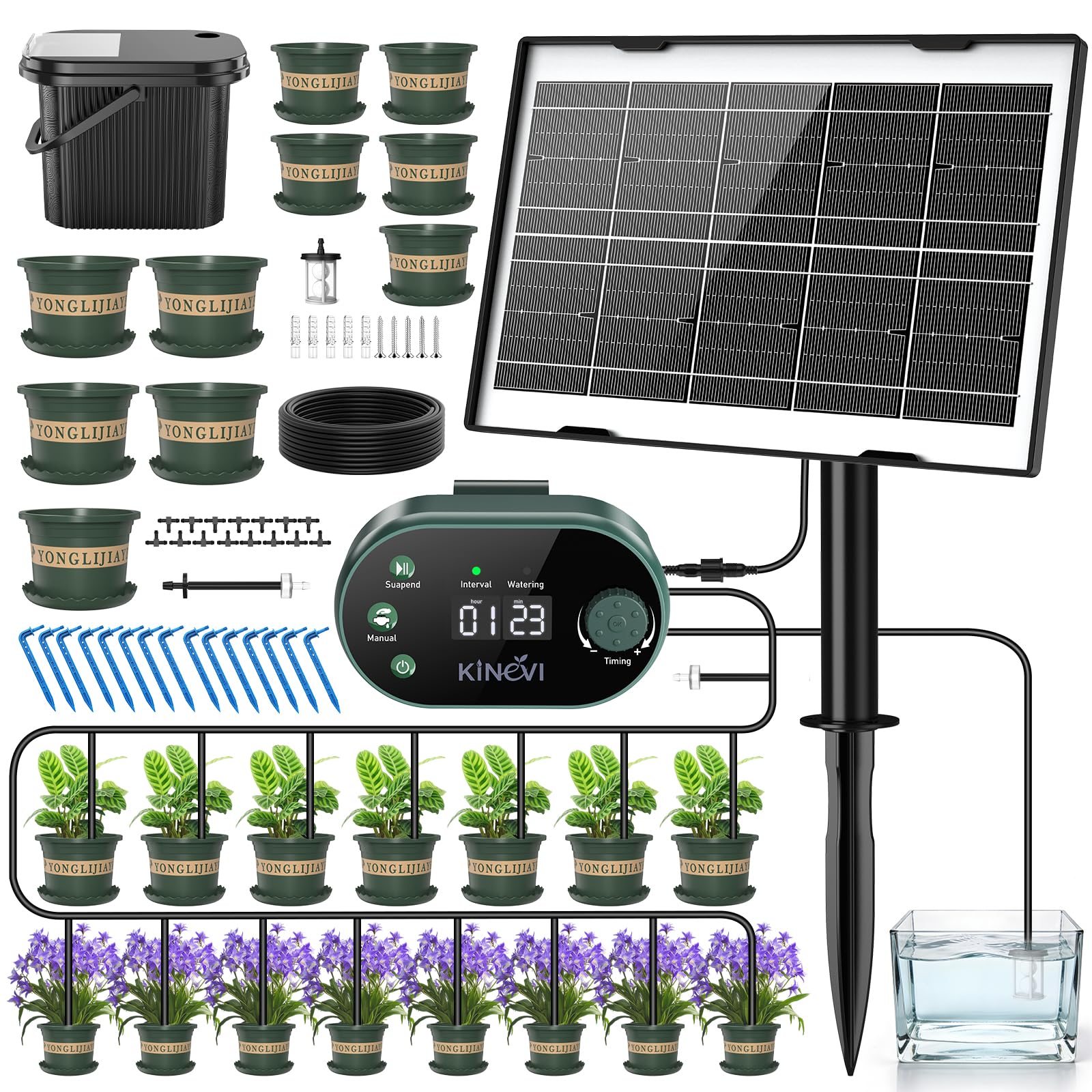 Solar Irrigation System, 3W Auto Watering Kit for 1 bucket and 1 flowerpots, 22 Timer Modes with Anti-Siphoning Device, 15m Hose for Garden Indoor Outdoor Plants Lawn Potted Balcony Vegetables shrub