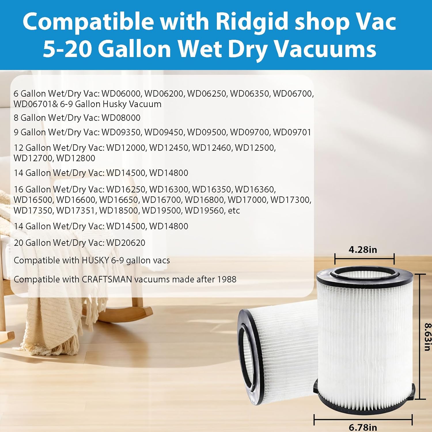 2-Pack VF4000 Replacement Filter for Ridgid 72947 Standard Wet dry Vac 5 to 20 Gallon 6-9 Gal Husky Vacuum Compatible WD5500 WD0671 RV2400A RV2600B Vac