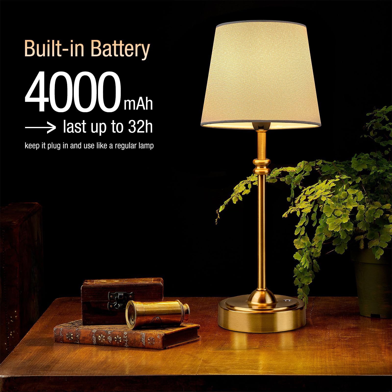 ONEWISH Lampe de table sans fil à piles, 4000 mAh rechargeable, intensité variable en continu, petite lampe de chevet tactile avec abat-jour en tissu, lumière d'ambiance chaude 2700 K pour salle à
