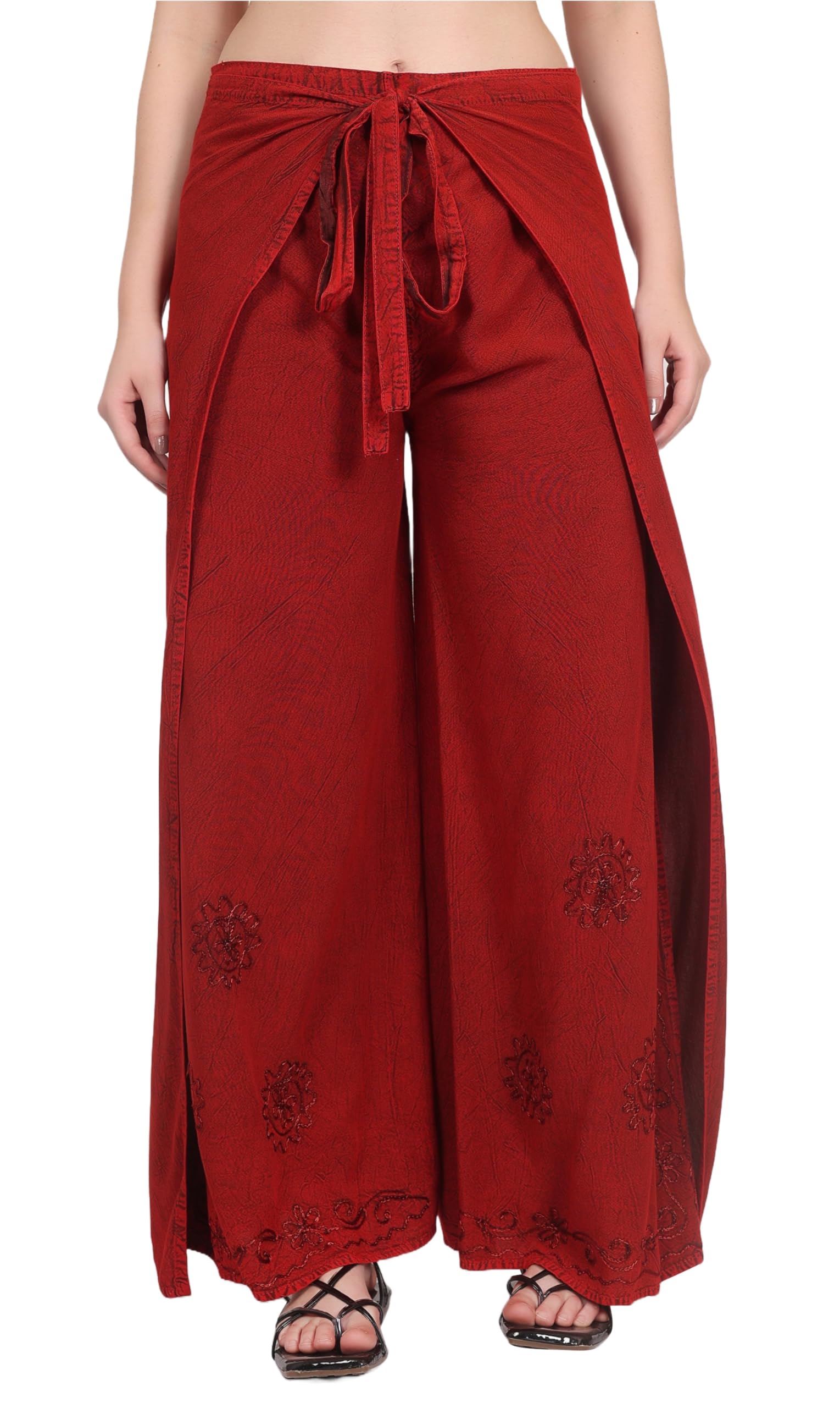 Whitewhale Women's Maroon Split Wide Leg Long Embroidered Rayon Wrap Palazzo Pant