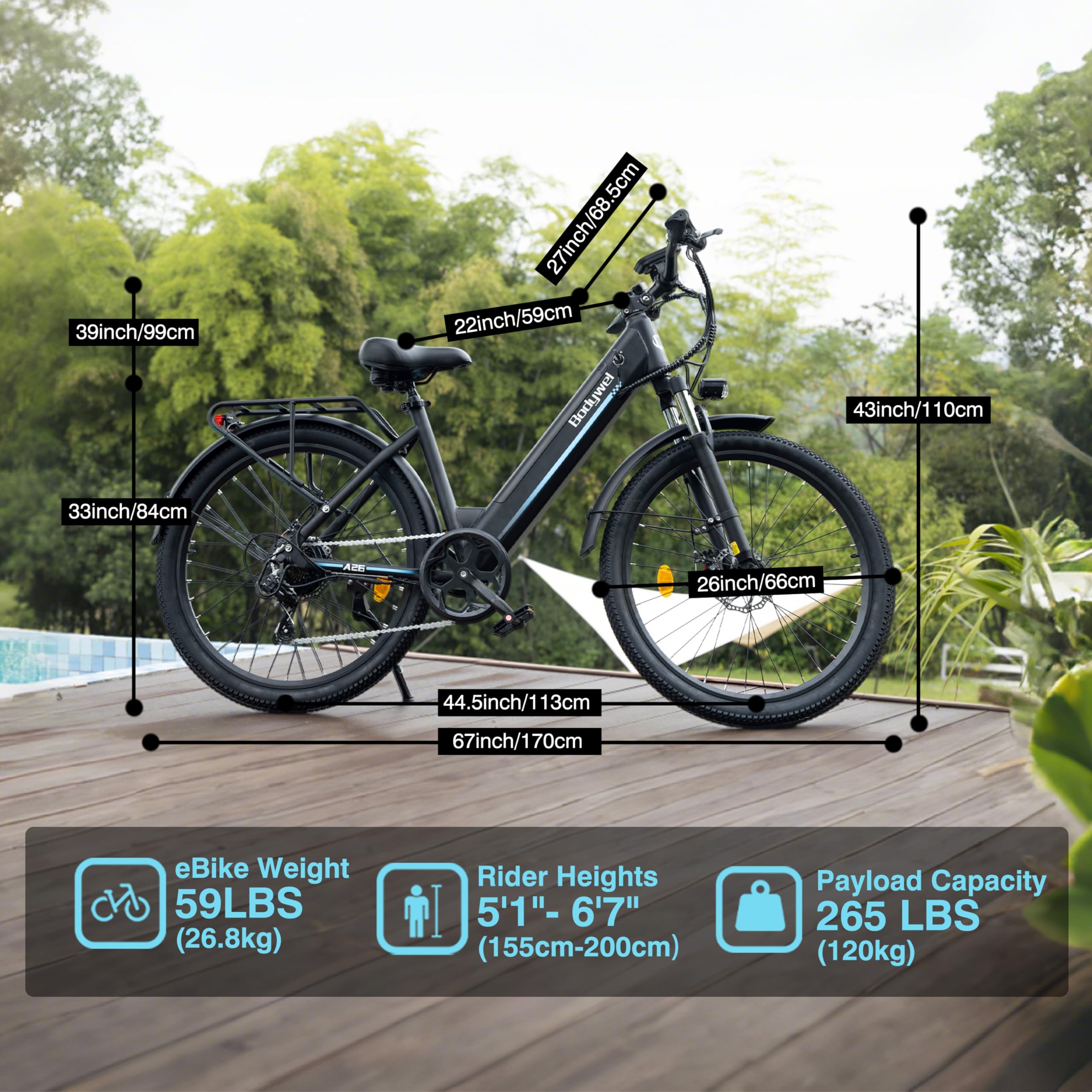 Bodywel A26 E-Bike Uomo 26 Pollici, Bicicletta Elettrica con Batteria Rimovibile 36V 13Ah, Autonomia 50-70km, Motore 250W, 7 Velocità, Freni a Disco Meccanici, E-Bike da Città