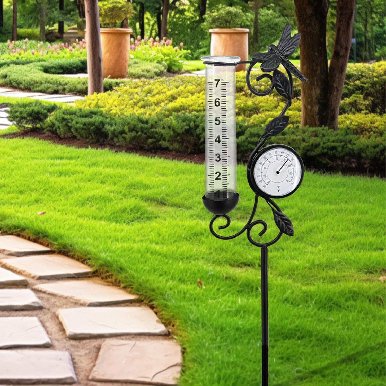 Rain Gauge Outdoor, Black Dragonfly Rain Gauge with Thermometer for Measuring Precipitation, Garden Decoration (Black Dragonfly)