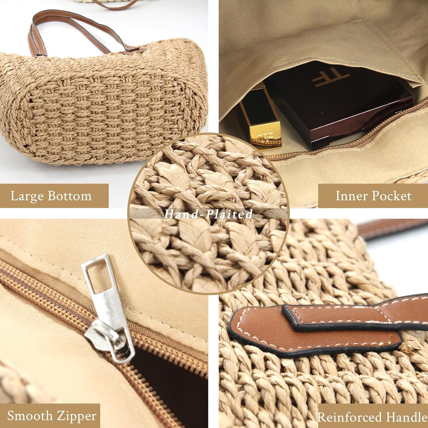 RUNROLE Straw Purse with Tassel Hat Clip, Beach Bag for Women, Handmade Large Woven Purse, Summer Raffia Tote Shoulder Bag - Image 5