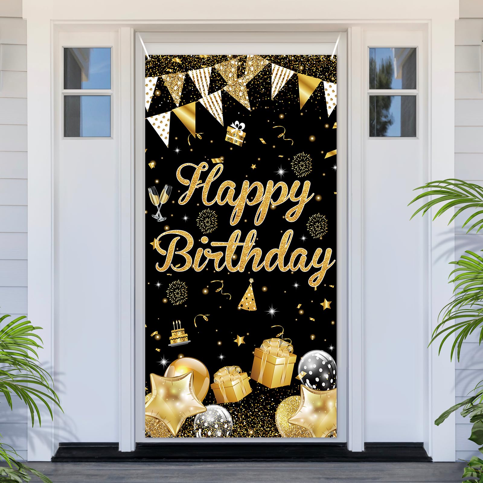 PartyYaa Happy Birthday Banner, Birthday Door Cover Decorations, Extra Large Party Banner Photo Booth Decor Sign Poster for Indoor Outdoor (Black Gold)
