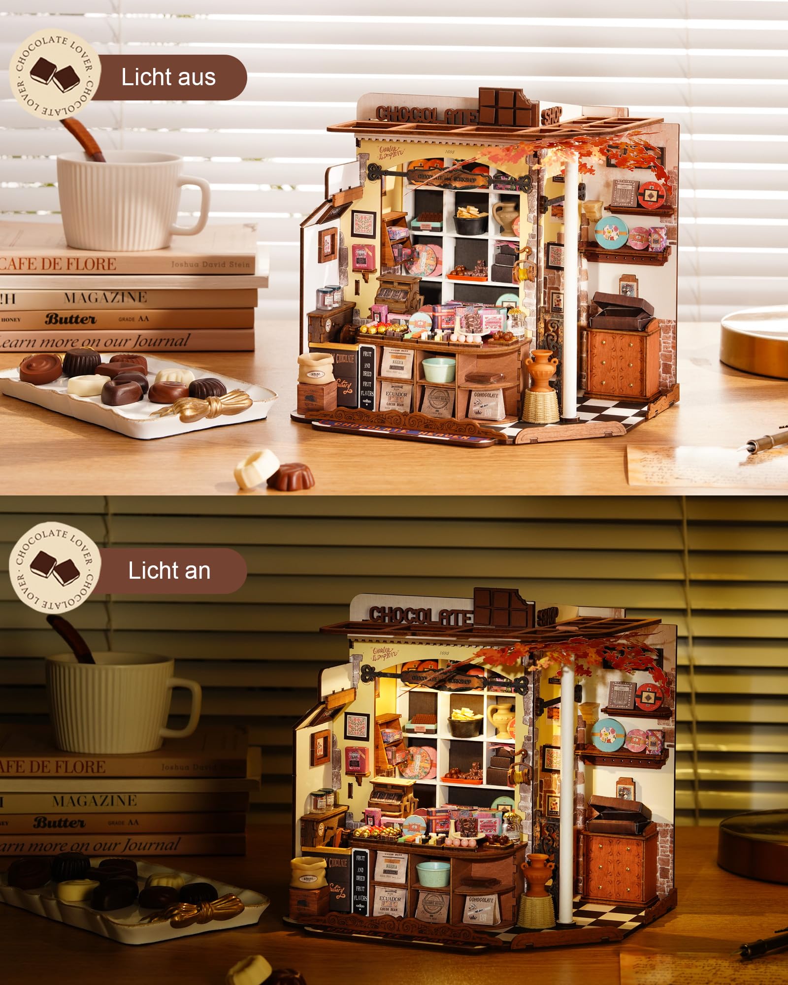 Rolife Miniatur Haus Henrys Schokoladenladen, 330-teiliges Mini Haus Selber Bauen Bastelset Erwachsene für Jugendliche Kein Kleber erforderlich, Puppenhaus Tiny House Bausatz 3D Puzzle Book Nook