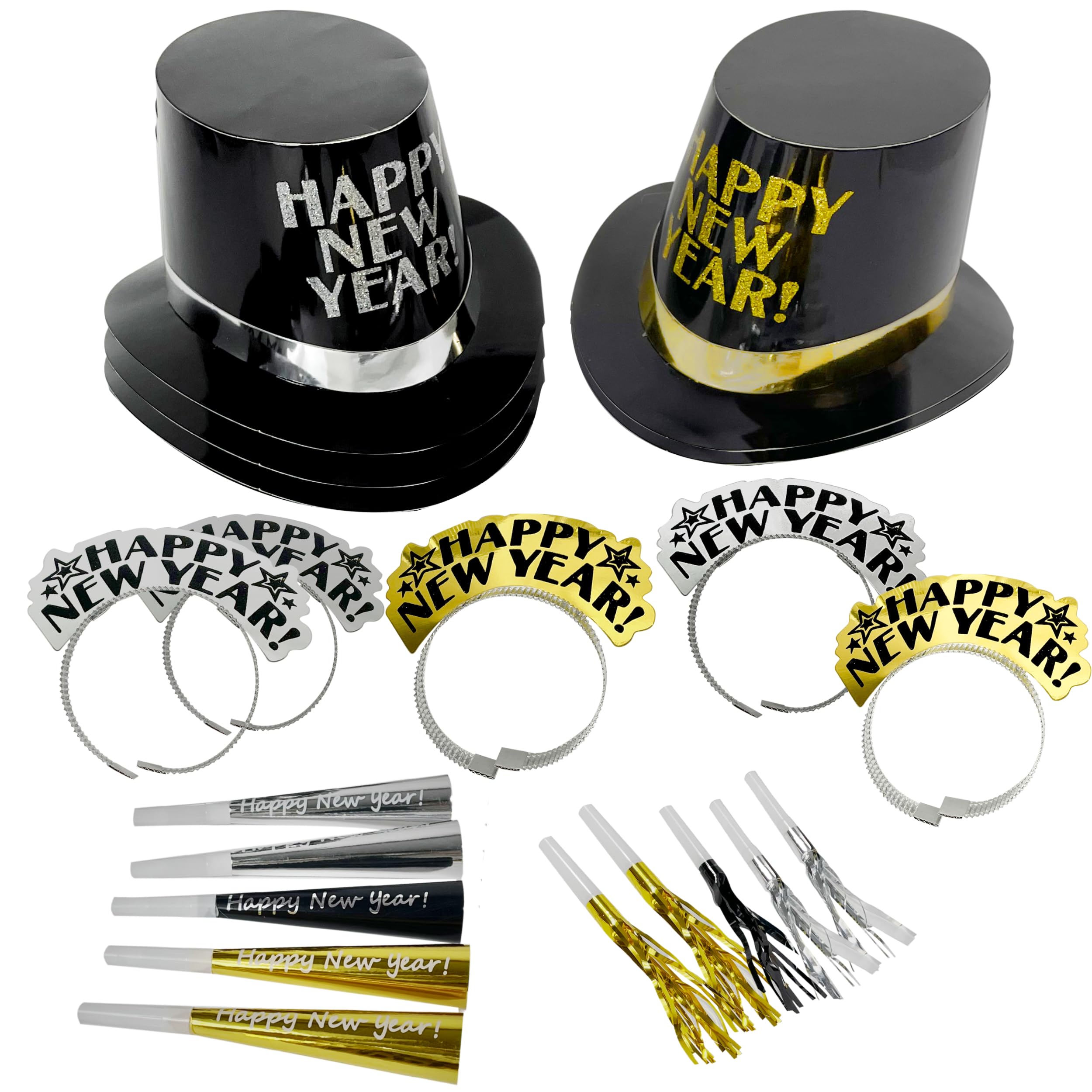 4E's Novelty New Years Eve Party Supplies 2024 for 10 Guest - 20 Pieces Total Includes 5 Top Hats, 5 Tiaras, & 10 Noisemakers - Black Gold Silver NYE Decorations