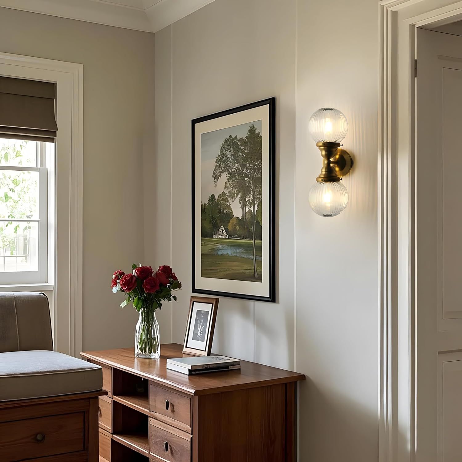 Pathson 2 Lights Striped Glass Wall Sconces, Modern Bathroom Sconces Wall Vanity Light Fixtures Brass Finish, Vintage Wall Sconce Lamp for Living Room Bedroom Farmhouse Lighting