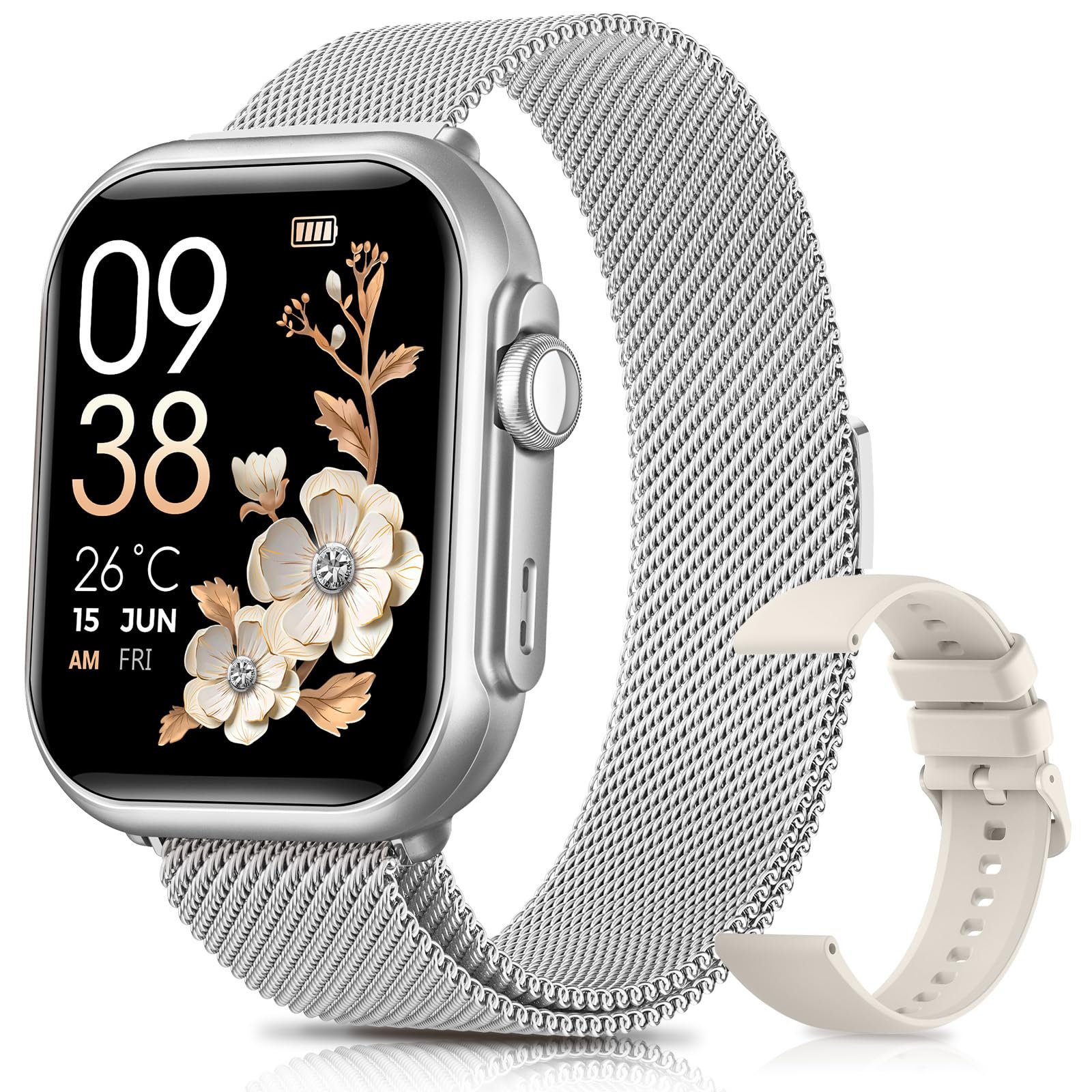 Reloj Inteligente Mujer con AutonomÃa 100 DÃas, 1000mAh BaterÃa Grande, 1.83" Smartwatch Mujer con Llamadas, SpO2, Pulsómetro, Sueño, 120+ Modos Deportivos/CalorÃas/IP68 Podómetro/Android iOS Plata