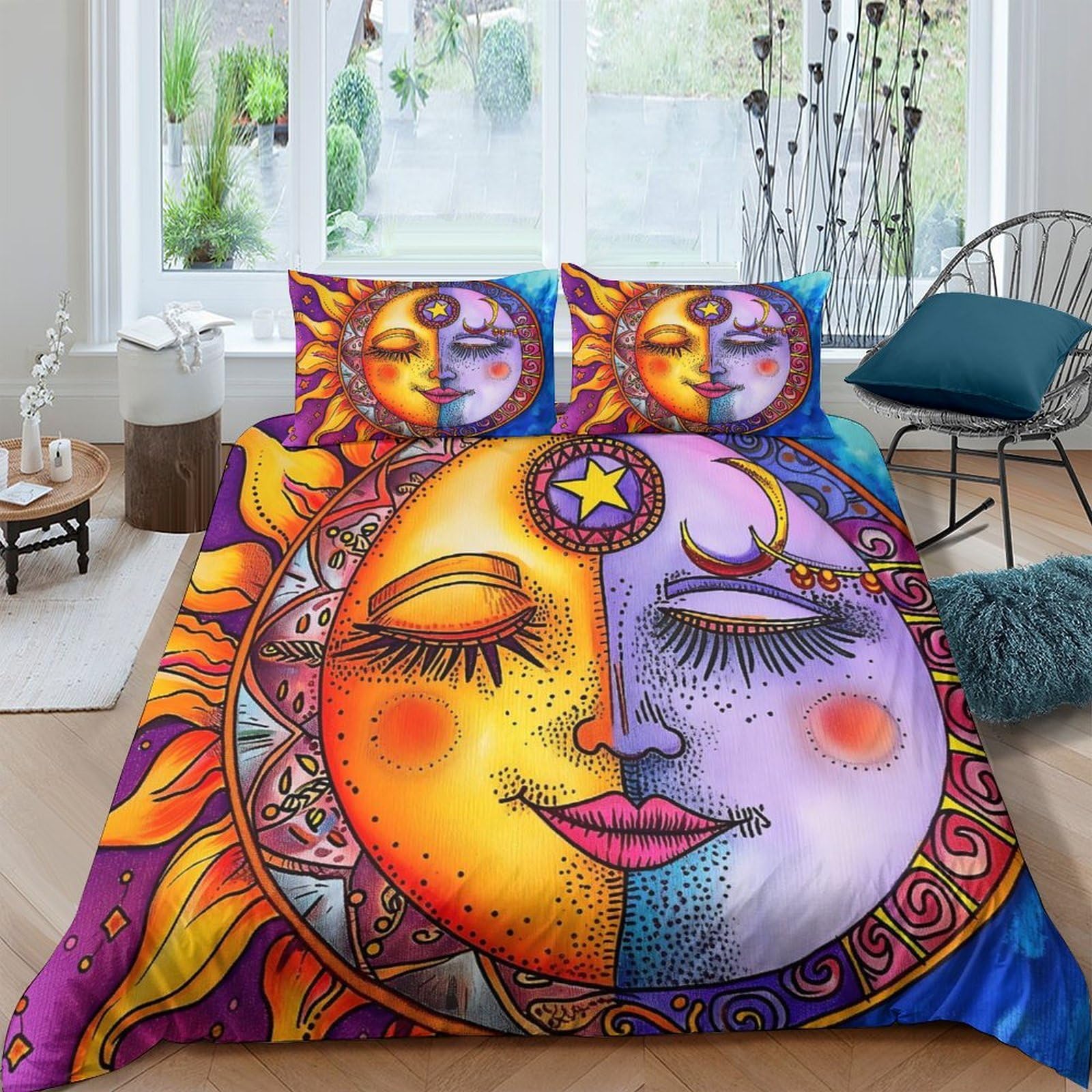 Ctjqhvkz Style-10 3D Printed Sun Moon Fitted Sheet Microfiber Vibrant Colorful Bed Sheet For Bedroom Dorm Mattress Protection Decor Single（135X200cm）