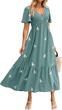 BerryGo Women's Summer Casual Flowy Maxi Dress - V Neck Flutter Sleeve Smocked Empire Waist Embroidery Sundress with Pockets