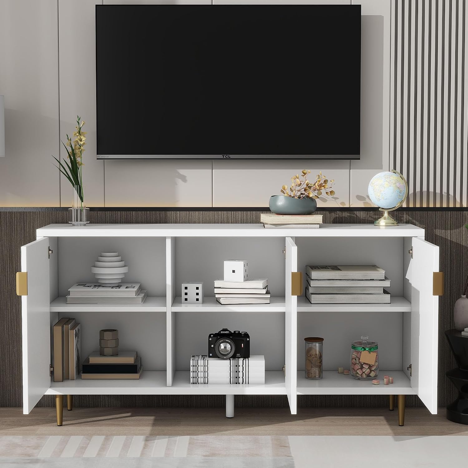 Merax Modern TV Stand, interior view with doors open and items stored