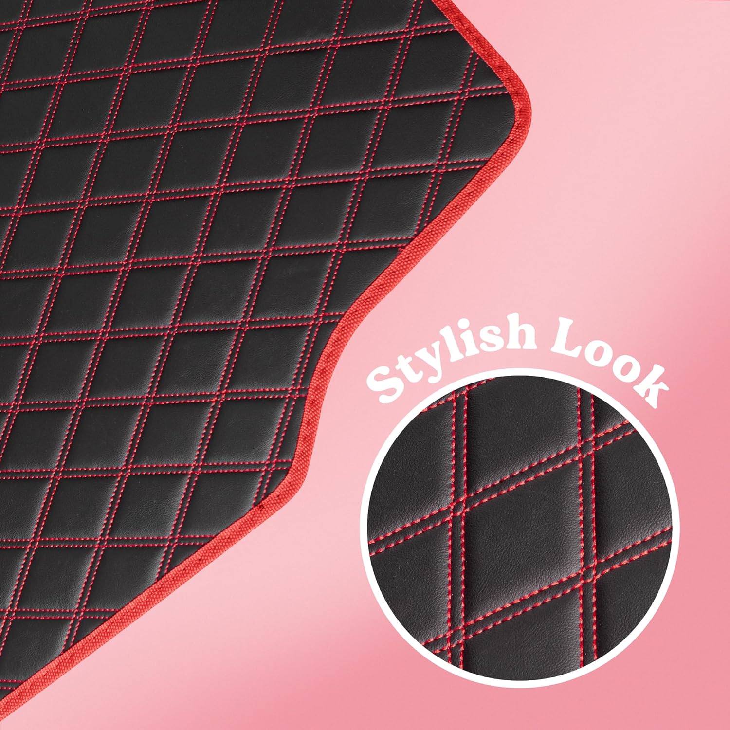 Carbella DiamondLuxe Faux Leather Floor Mats, Diamond Stitched Cute All Weather, Easy to Clean, 4pc Set Car Accessories for Cars, Truck, Van, and SUV, for Girl and Women (Red)