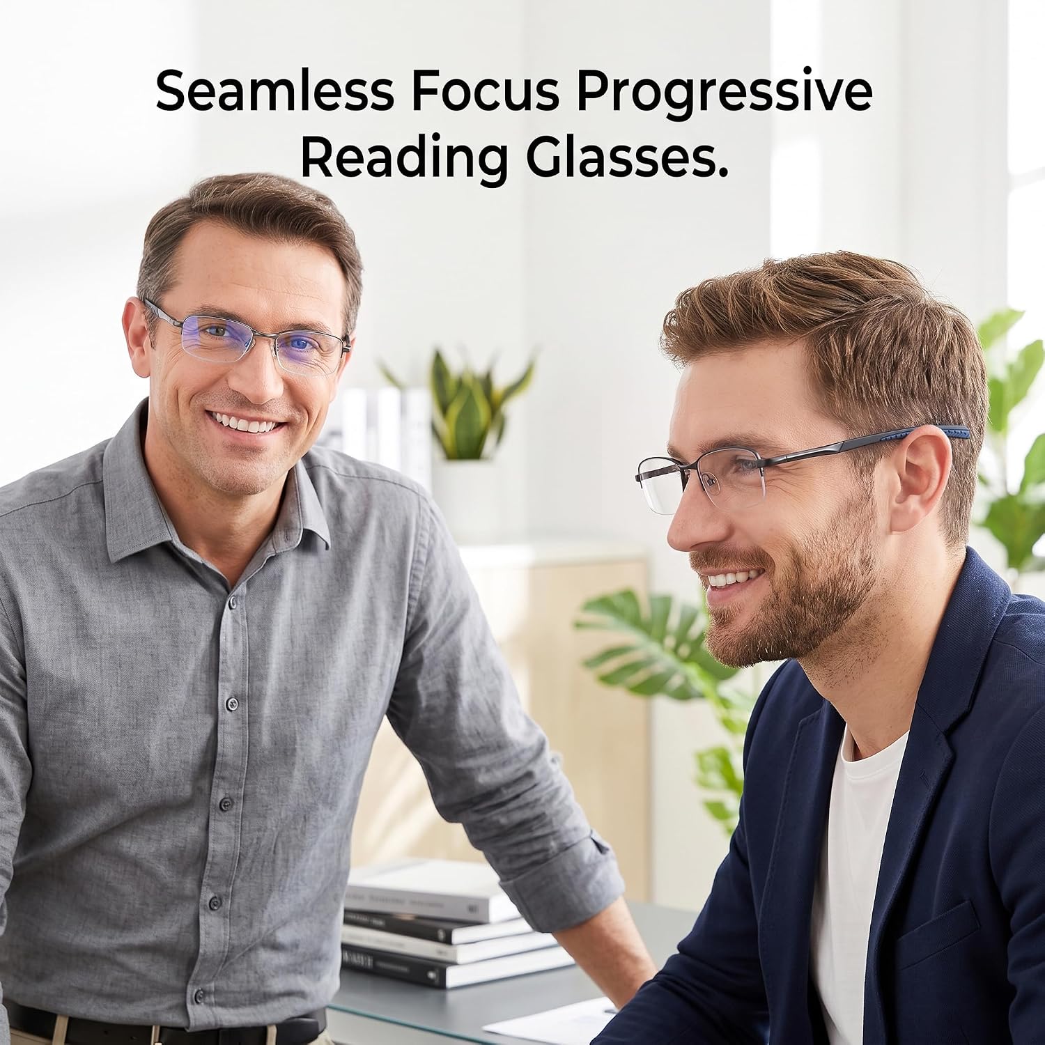 Missfive Mens Sturdy-Sleek Progressive Multifocus Reading Glasses, Quality Metal Semi-Rimless Multifocal Readers, Anti Blue Light No-line Computer Cheater & Break-Resistant Spring Hinge 2.50x