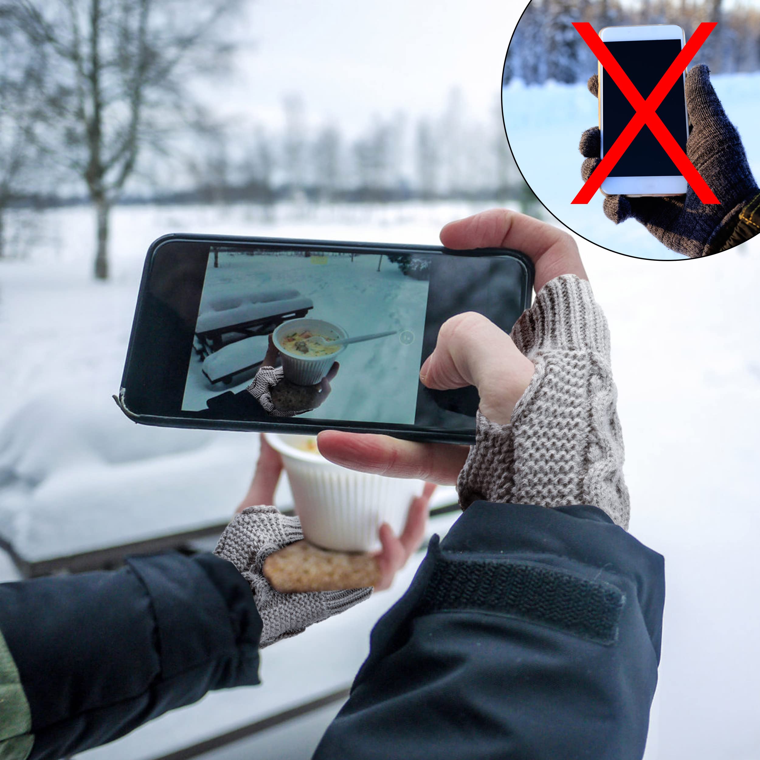 Rękawiczki damskie, bez palców, ocieplacze na ramiona, na zimę, z dzianiny, ocieplacze, długie rękawiczki, otwór na kciuk, 2 pary (kolor czarny i szary), czarno-szary, jeden rozmiar